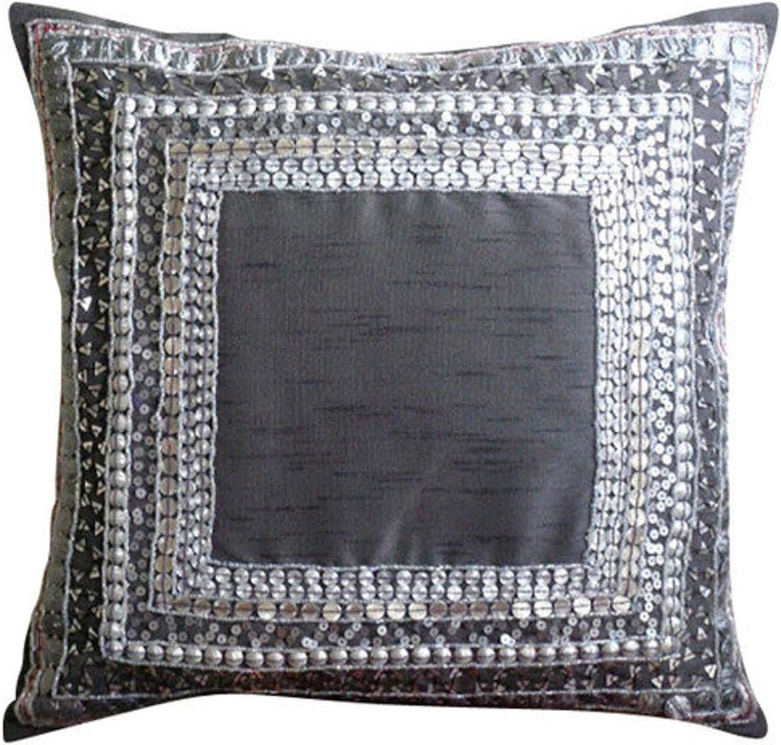 The HomeCentric Cushion Covers, Grey Pillows Cover, Bordered Pillowcases, Throw Pillow Covers 12x12 inch (30x30 cm) Art Silk Square Pillows Cover, 3D Metallic Sequins, Traditional - Treasure Trove