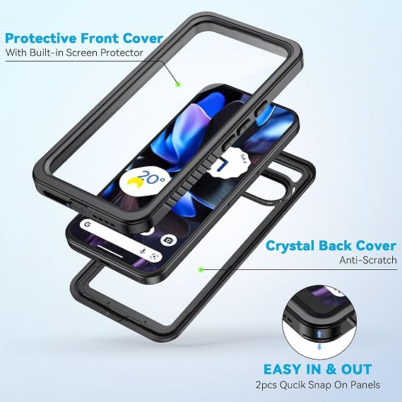 Lanhiem for Pixel 9 Pro Case, IP68 Waterproof Dustproof Case with Built-in Screen Protector, Rugged Full Body Shockproof Protective Clear Cover for Google Pixel 9 Pro 6.3 Inch, Black