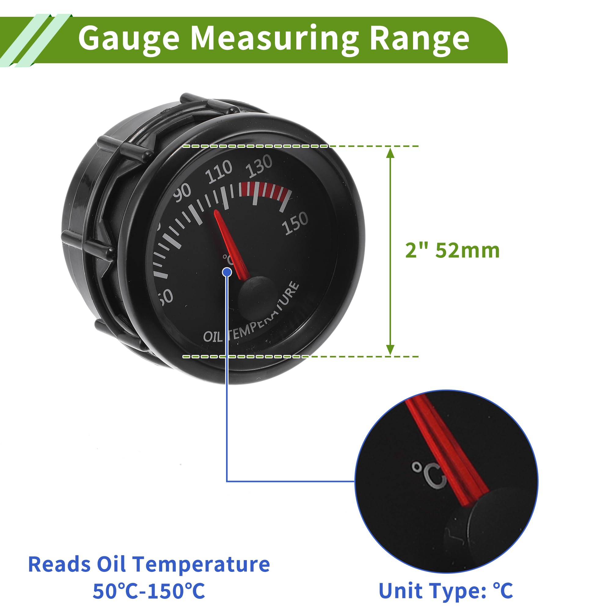 Kit Jauge Température D'Huile Noire 1pc 50-150°C 52mm ABS 12V | Pour Voitures, Motos, VTT, Bateaux, Camping-Cars, Etc., Lumière Blanche, 12V DC, Plage 50°C-150°C, Installation Facile