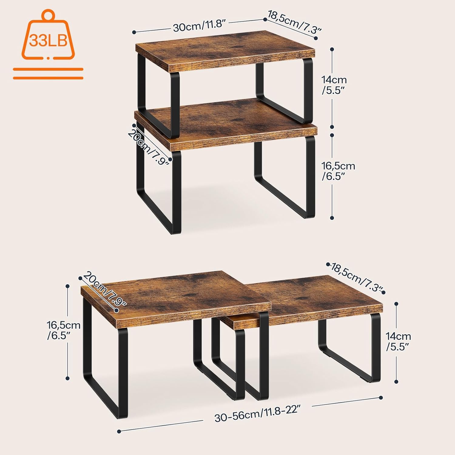 HOOBRO Cabinet Organizer Shelf, Set of 4, Kitchen Countertop Organizer, Kitchen Countertop Shelf, Spice Rack for Counter, Stackable, Expandable for Cabinet, Kitchen, Rustic Brown and Black BF33TLP201