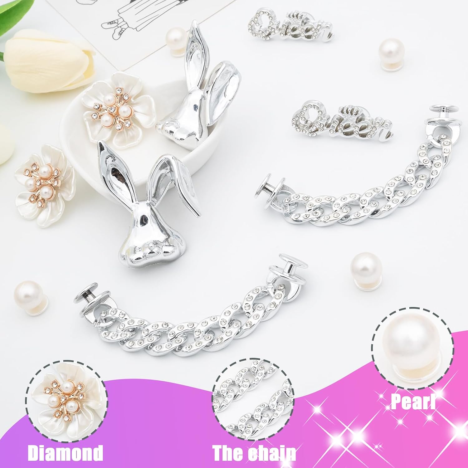Bling Shoe Charms - 12PCS Crystal Rhinestone Pearl Flower and Butterfly Charms for Women & Girls, Sparkling Chain Accessories for Clog Shoes, Perfect for Party Favors & Birthday Gifts