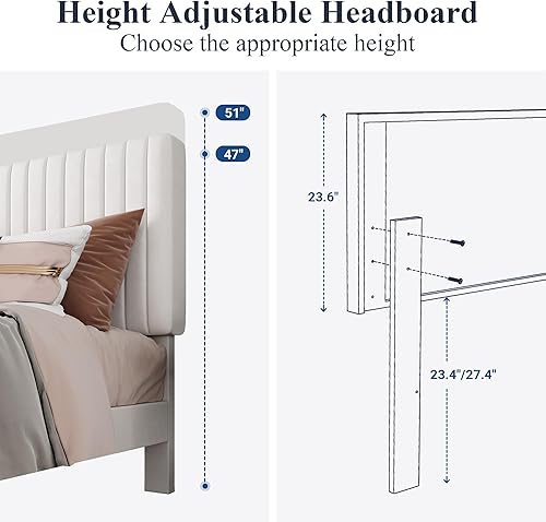 Miniatura 6 de Allewie Base de cama matrimonial, cama de plataforma tapizada de terciopelo con cabecera capitoné de canal vertical ajustable, base de colchón con