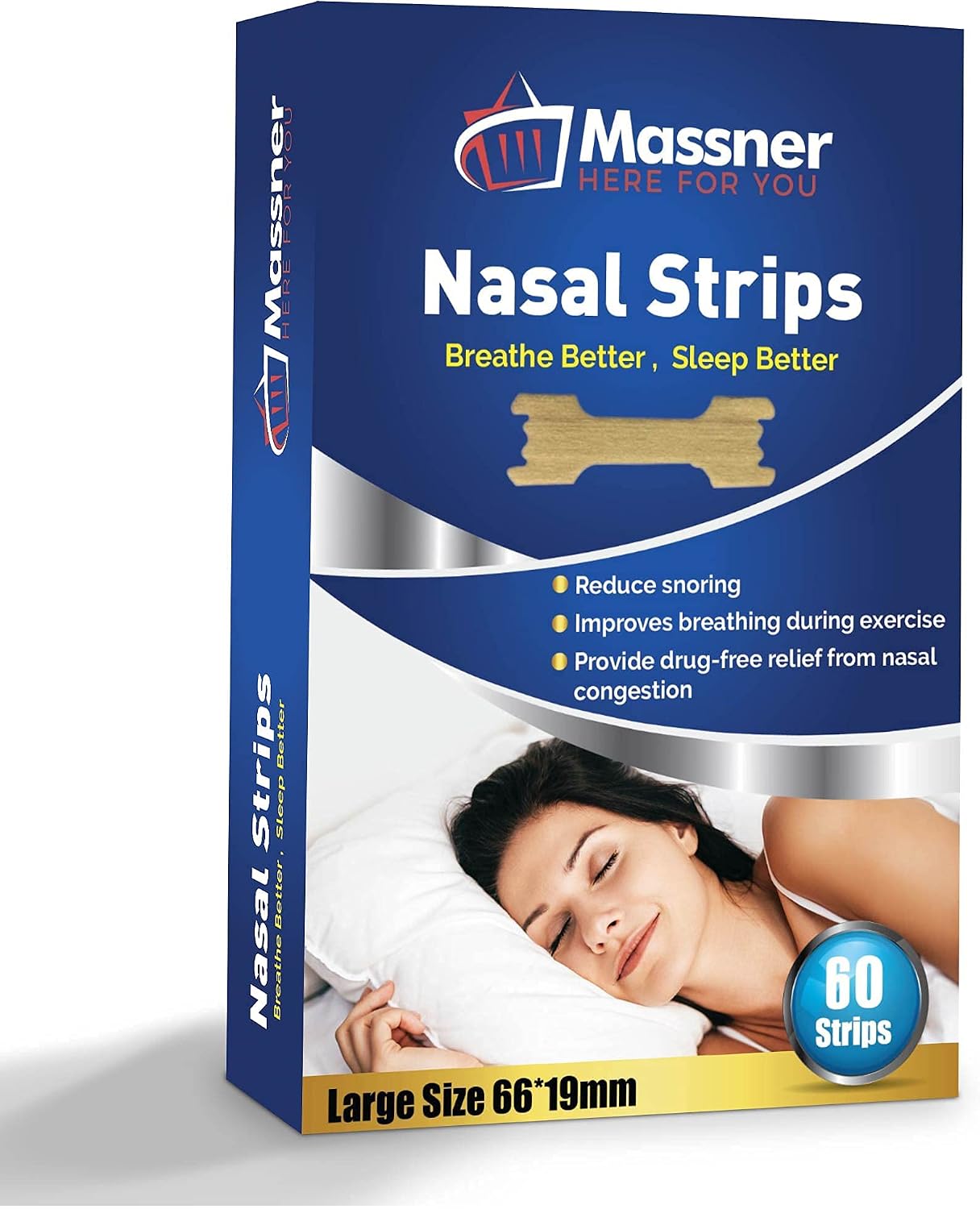 Massner Nasal Strips for Snoring, 60 Pack - Extra Strength Anti Snoring Solution for Men, Women - Clears Air Passage to Breathe Better - Sleep Right, Snore Less - Stuffy Nose Relief for Congestion