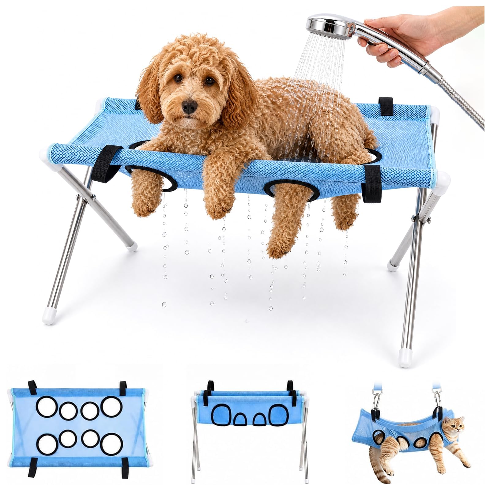 Dog Grooming Hammock Stand, Foldable Pet Bath Holder Sling Shower Chair, Heavy-Duty Cat Bath Stool, Pet Hammock Stand with Stable Stainless Steel Frame & Quick-Dry Mesh Foldable for Small Dogs & Cats