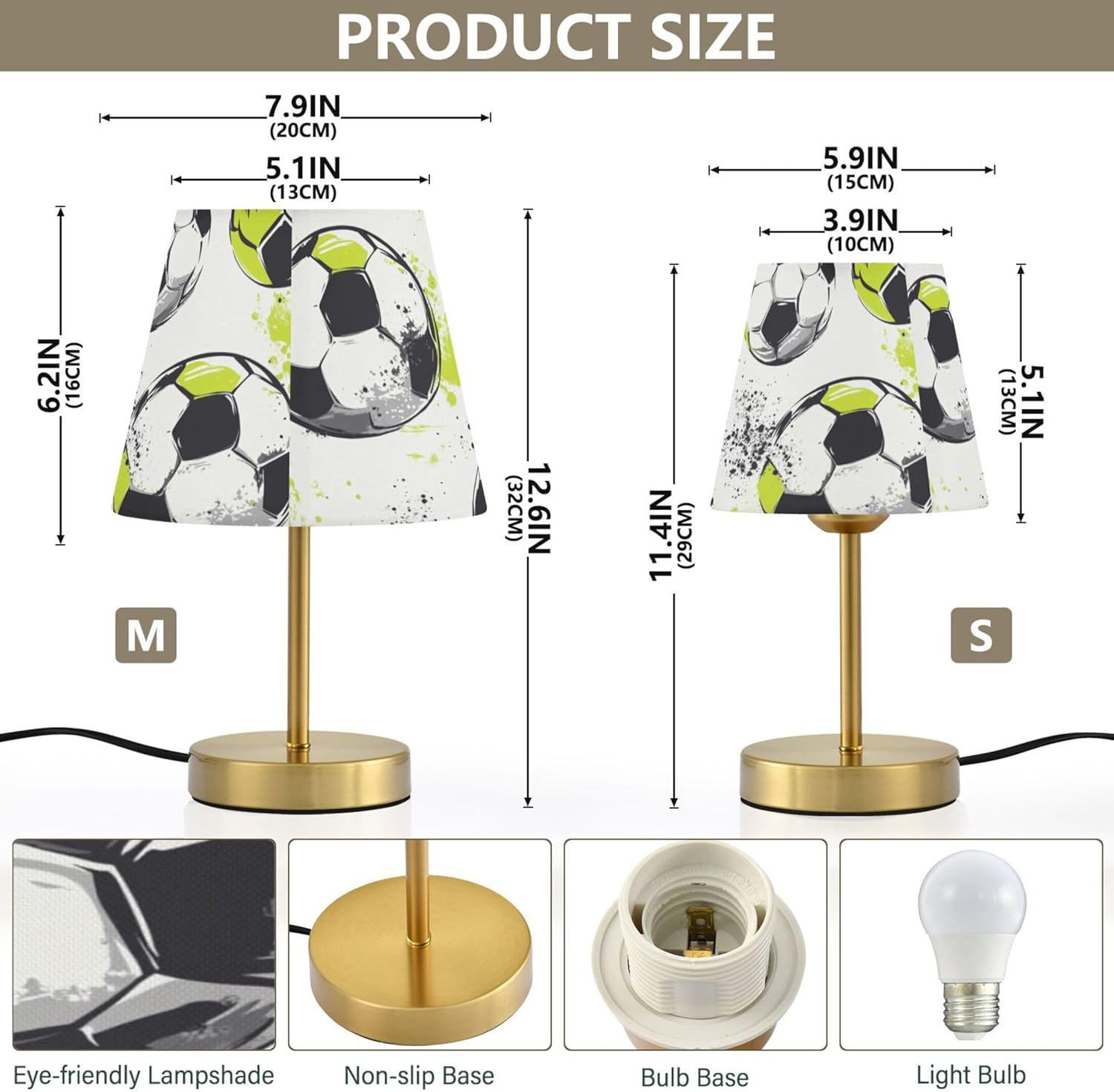 Football White Green Dimmable Table Lamp Night Light Bedroom Lamps for Nightstand Living Room Dorm Home Office Desk, LED Bulb Included, S