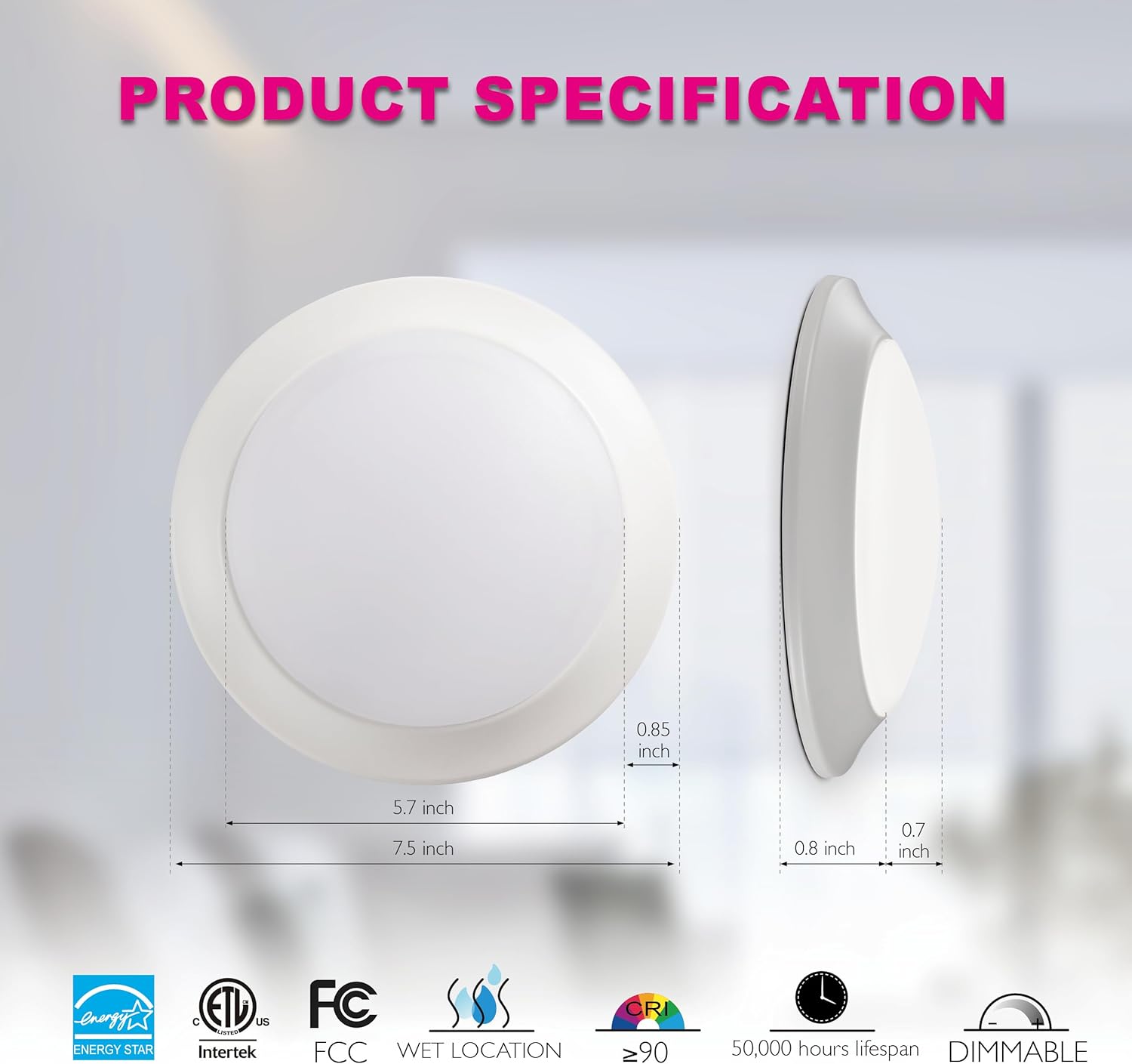 7.5-inch Flush Mount Ceiling Downlight 8 Pack, 15W LED Dimmable Disk Lights, 1050 lumens Warm White 3000K CRI90 110W Equivalent Downlight, ETL Wet Certificated Low Profile Ceiling Light