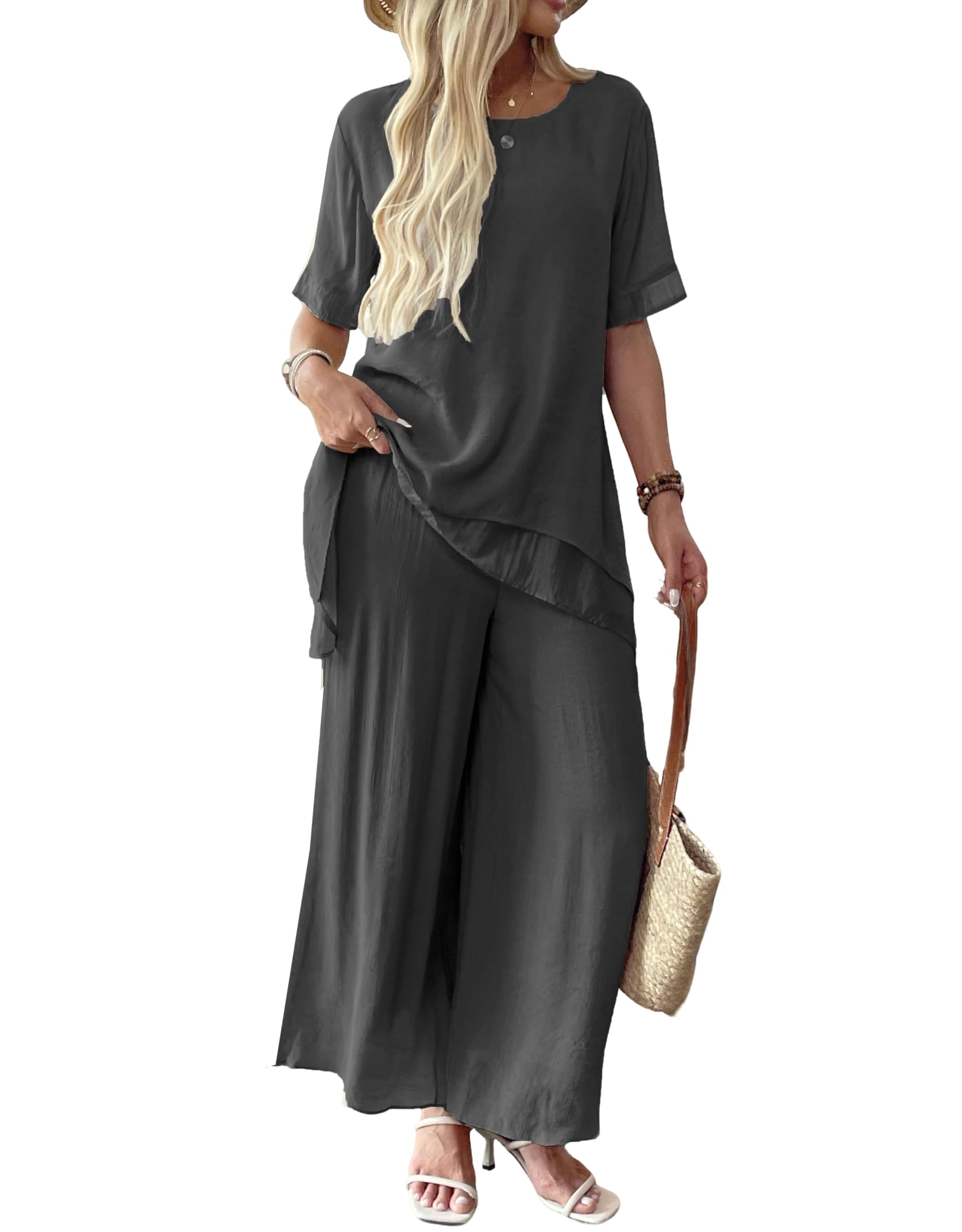 Fakanhui Completo da donna in lino a 2 pezzi, con ampia vestibilità e camicetta, estiva, elegante, a gamba larga, pantaloni a palazzo
