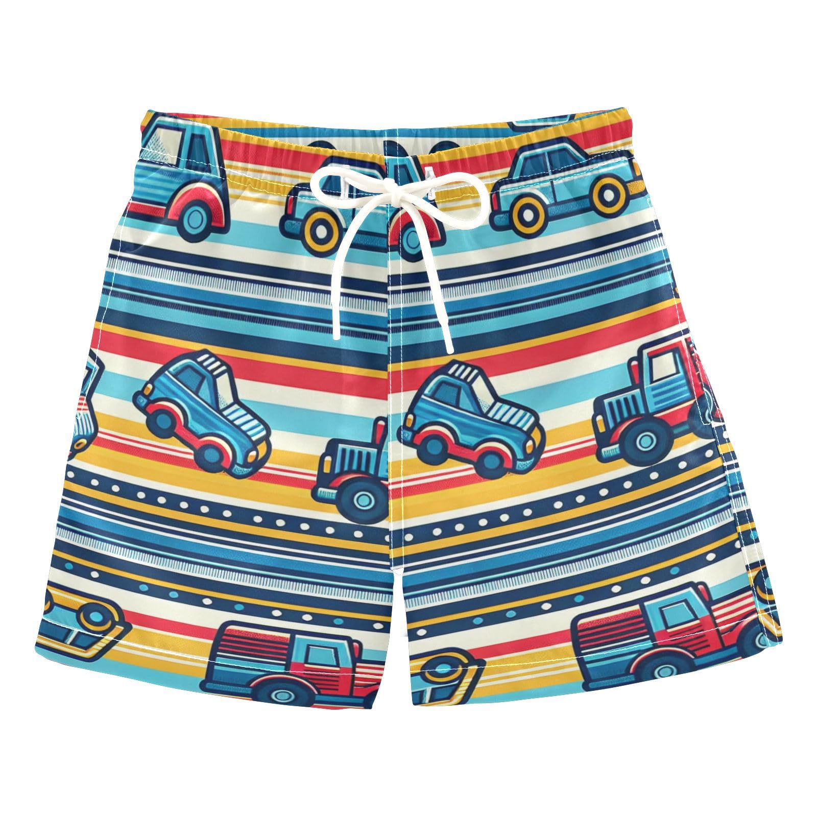 FLildon Cute Cars with Stripes Boys Swim Trunks with Mesh Lining Quick Dry Beach Board Shorts, 4T