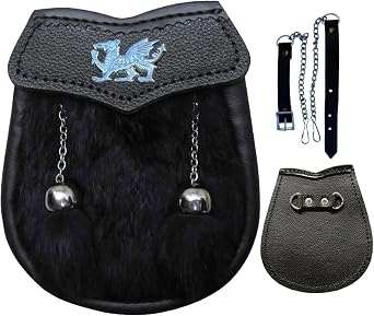 AAR Baby Fur Sporran Scottish Free Chain Multi Design Black Leather Fur 2 Tassels kilt New