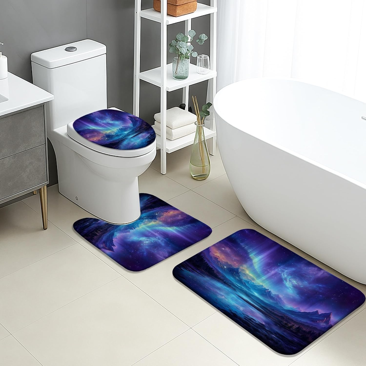 Galaxy Bathroom Mat Sets 3 Piece, Abstract Cosmic Non Slip Toilet Rugs U Shaped Washable, Quick Dry Flannel Bathroom Rug Set