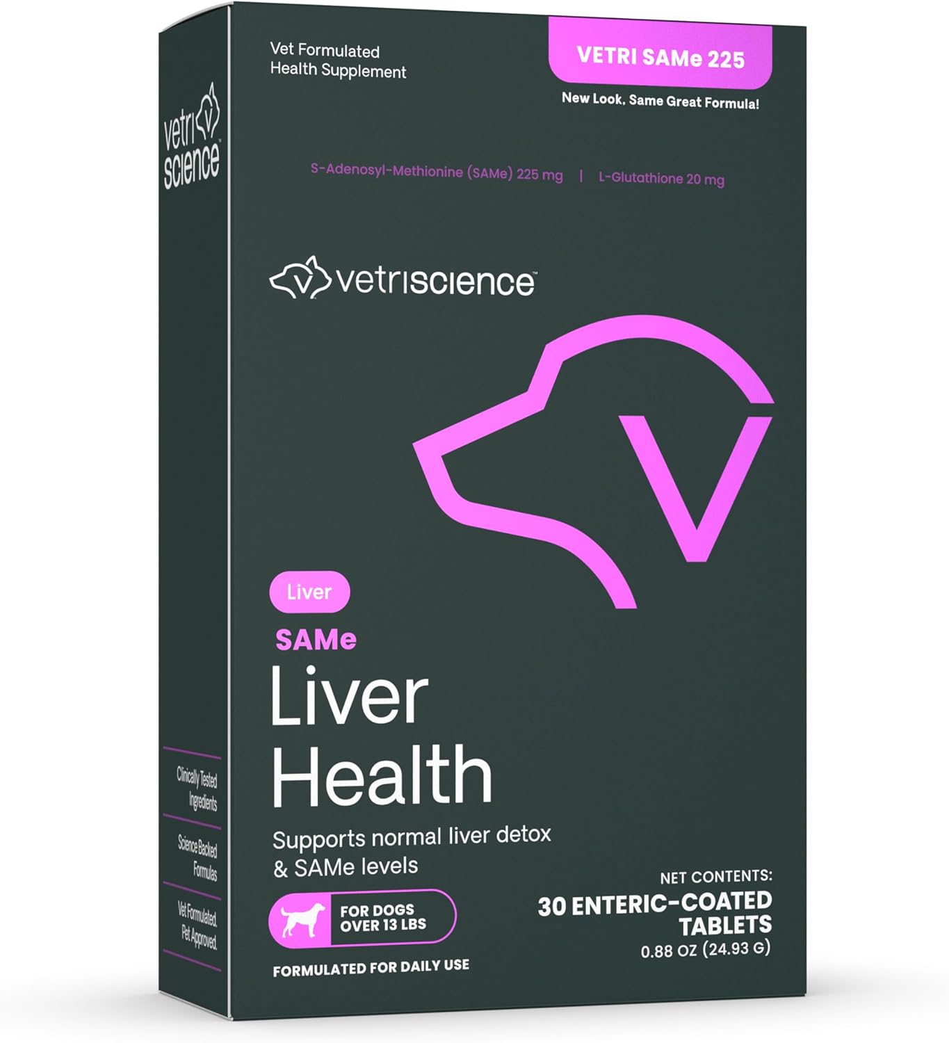 VetriScience SAMe Liver Health Tablets, 225 mg S-Adenosyl-Methionine Liver Health and Detox Supplement for Medium and Large Breed Dogs, Glutathione Antioxidant Liver Support, 30 Count