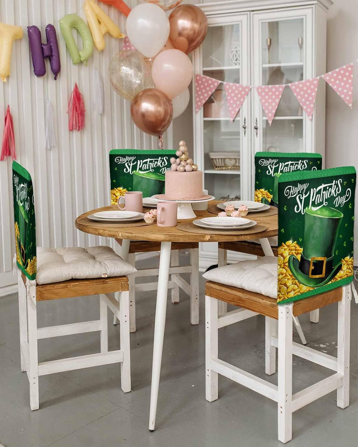 ALAGEO St. Patrick's Chair Covers Set of 4 Gold Coin Chair Slipcover Protector Removable Stretch Chair Covers Green Lucky Clover Chair Back Covers for Dining Room, St. Patrick's Decor, Holiday Party