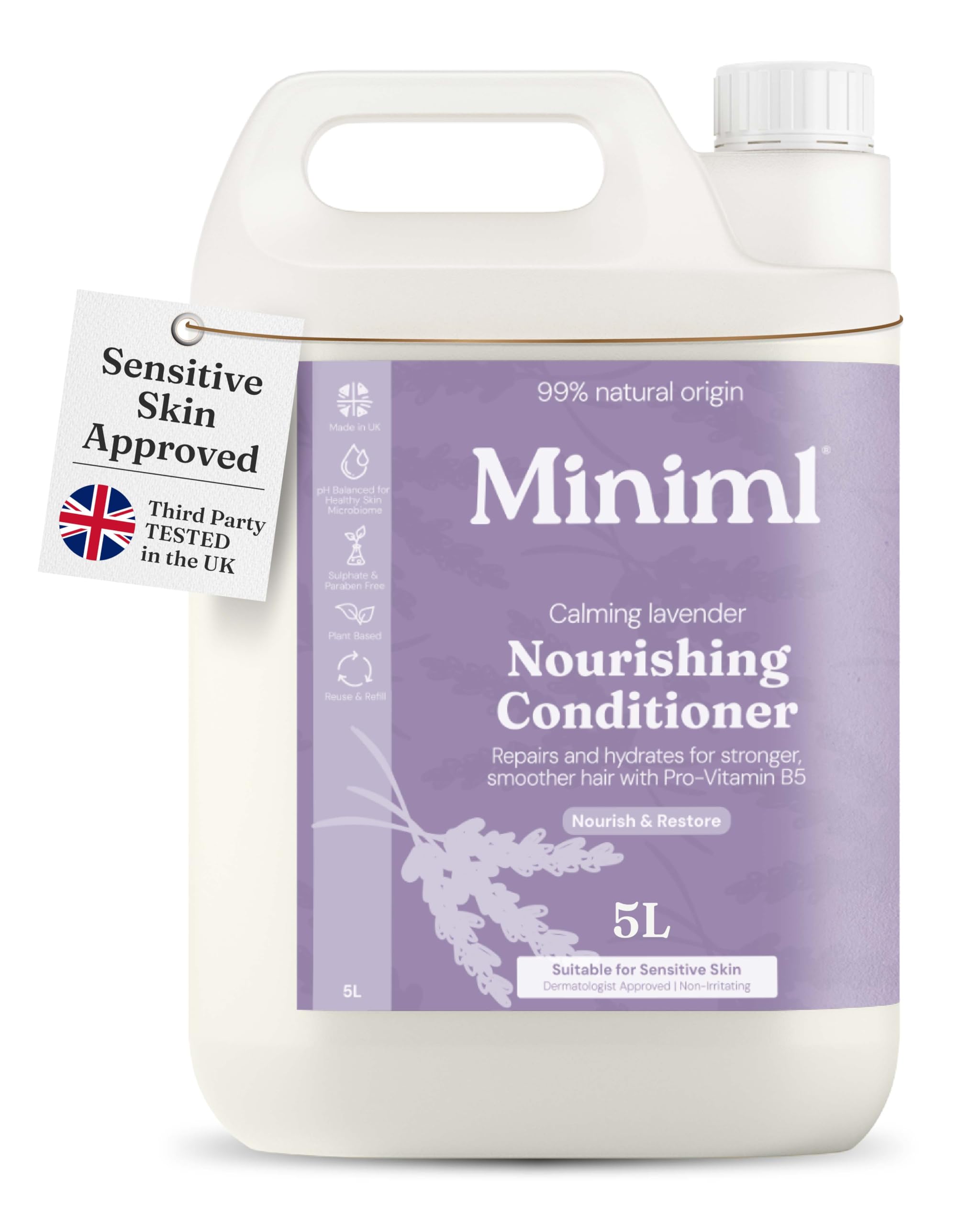 Miniml Natural English Lavender & Chamomile Conditioner - Nourish & Repair - for Dry, Damaged Hair with Pro-Vitamin B5 - Sulphate & Paraben Free, Vegan & Cruelty Free - 5L Refill