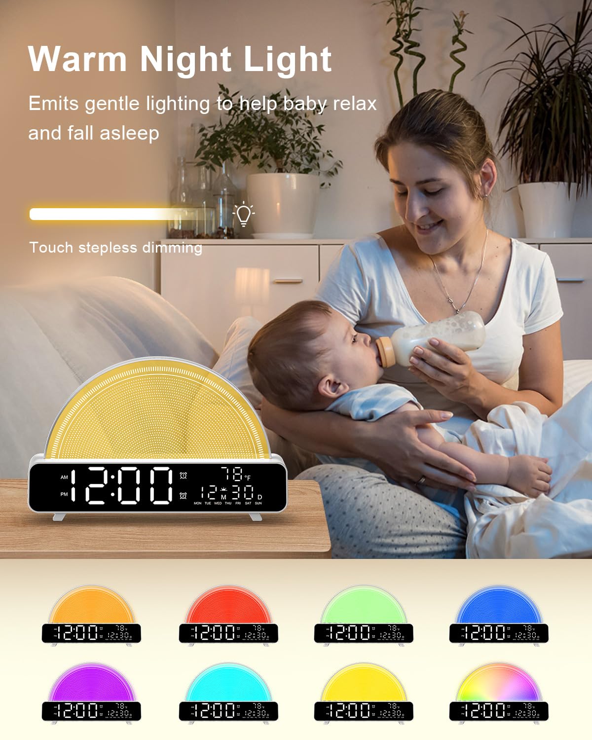 HAODINGMAI Sonnenaufgangswecker, Aufwachlicht mit Sonnenaufgangssimulation, weißes Rauschen, Touch-Steuerung, Nachttischlampen, Farben, Stimmungslampe, 30/60/90, Schlaf-Timer, 13 Naturgeräusche