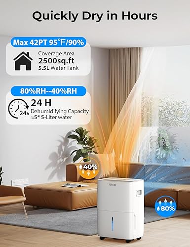 Miniatura 3 de Deshumidificador Energy Star de 2500 pies cuadrados para sótano, máximo 42 pintasD, tanque de agua de 5.5 L, deshumidificadores para el hogar,