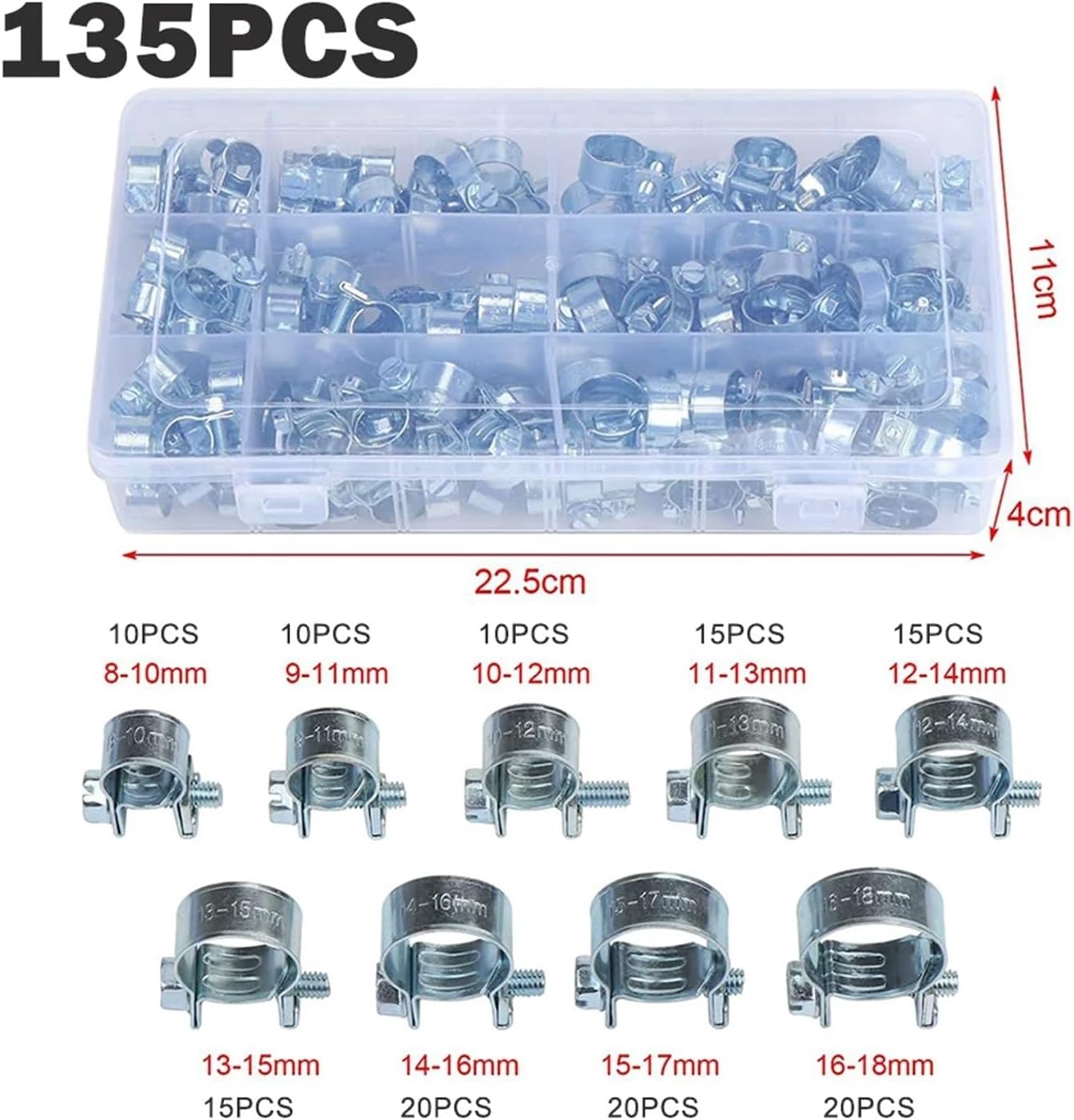 60/135pcs Pipe Clamp Hose Clamp Water Pipe Fuel Hose Clips Clamps Tube Clamp Metal Pipe Clamps Assortment Kit 8-18mm(135PCS)
