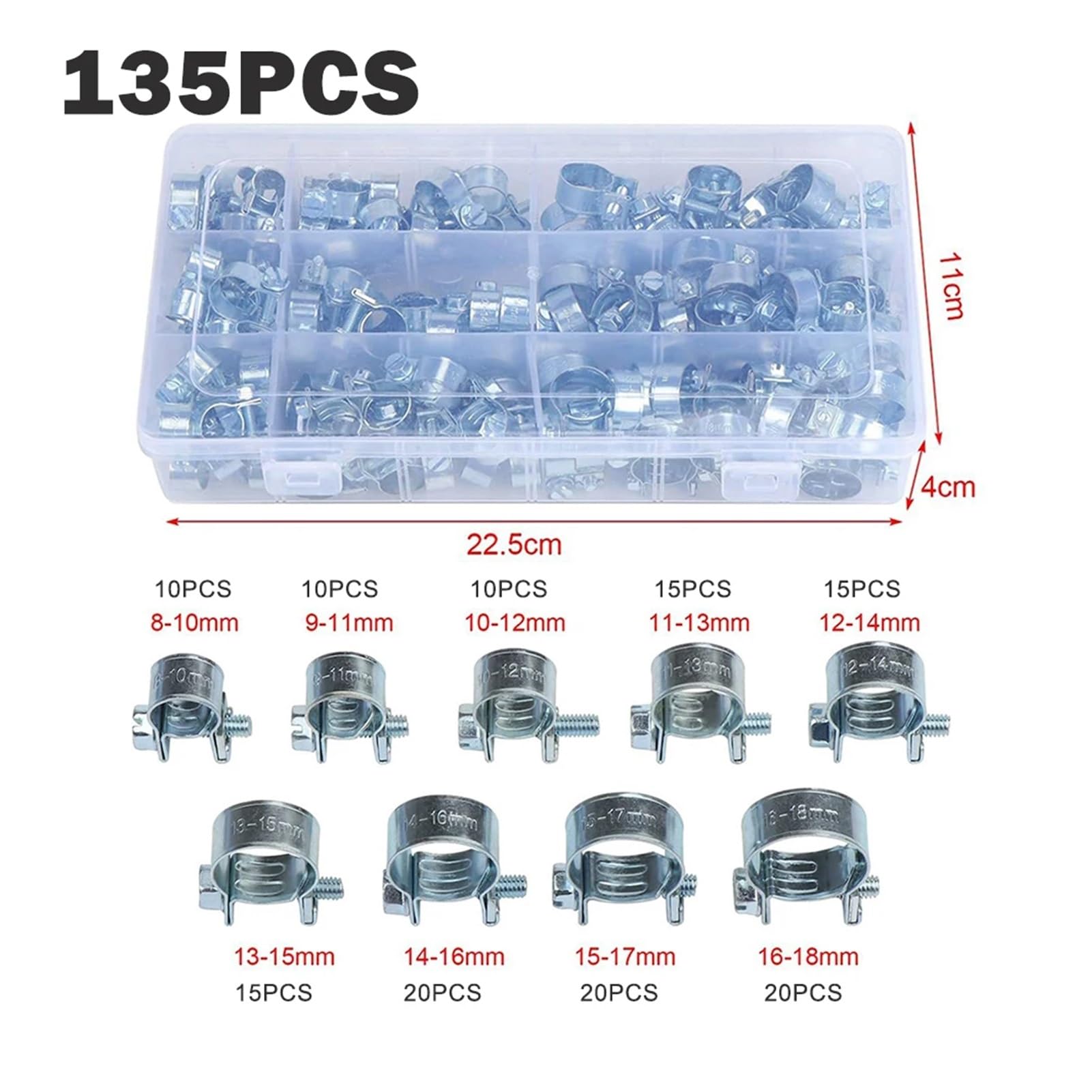 60/135pcs Fascetta stringitubo Fascetta stringitubo Tubo acqua Carburante Fascette di fissaggio Morsetti Morsetto for tubi Morsetti for tubi in metallo Assortimento Kit 8-18mm(135PCS)