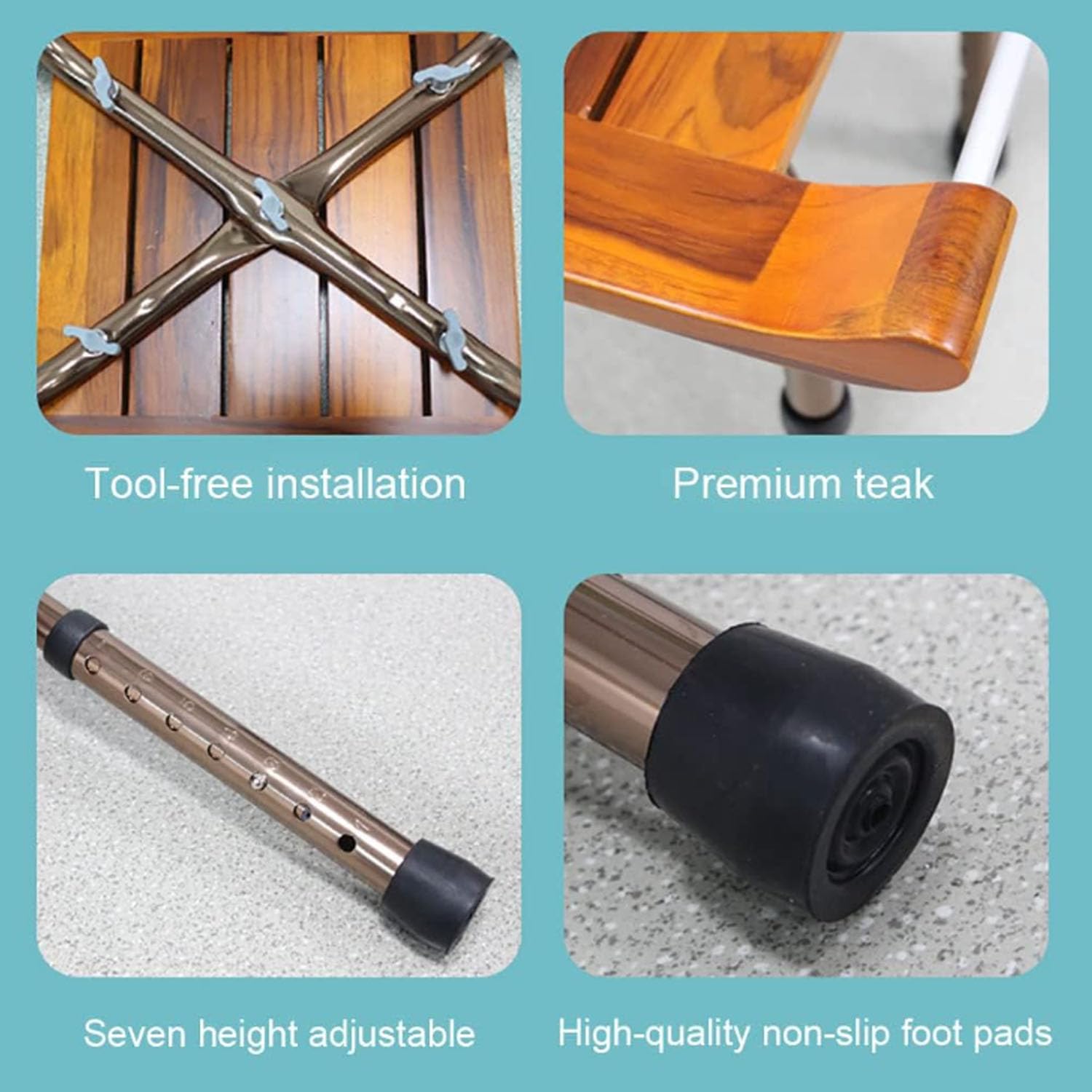 Taburete de Ducha de Teca con Reposabrazos, Regulable Asiento de Ducha de Aluminio, Antideslizante hasta 136kg, para Ancianos, Personas con Movilidad Reducida, Mujeres Embarazadas, Baño