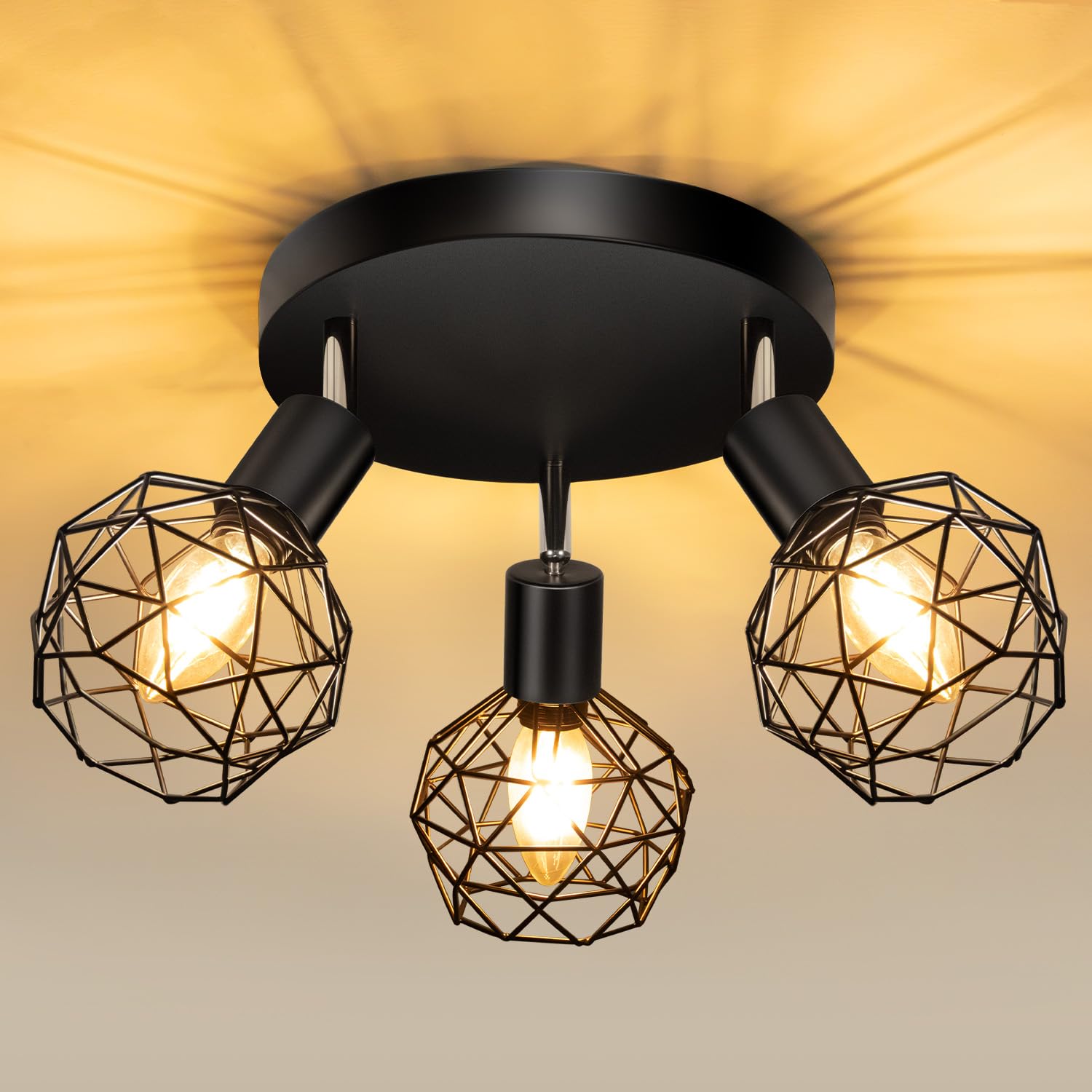 Aulaiyi Deckenstrahler 3 Flammig, 350°-Drehung, Deckenspots E14 Fassung, Deckenlampe LED Deckenleuchte, Spotleuchte Wand, Wandstrahler für Küche, Wohnzimmer, Schlafzimmer, Schwarz (Ohne Leuchtmittel)