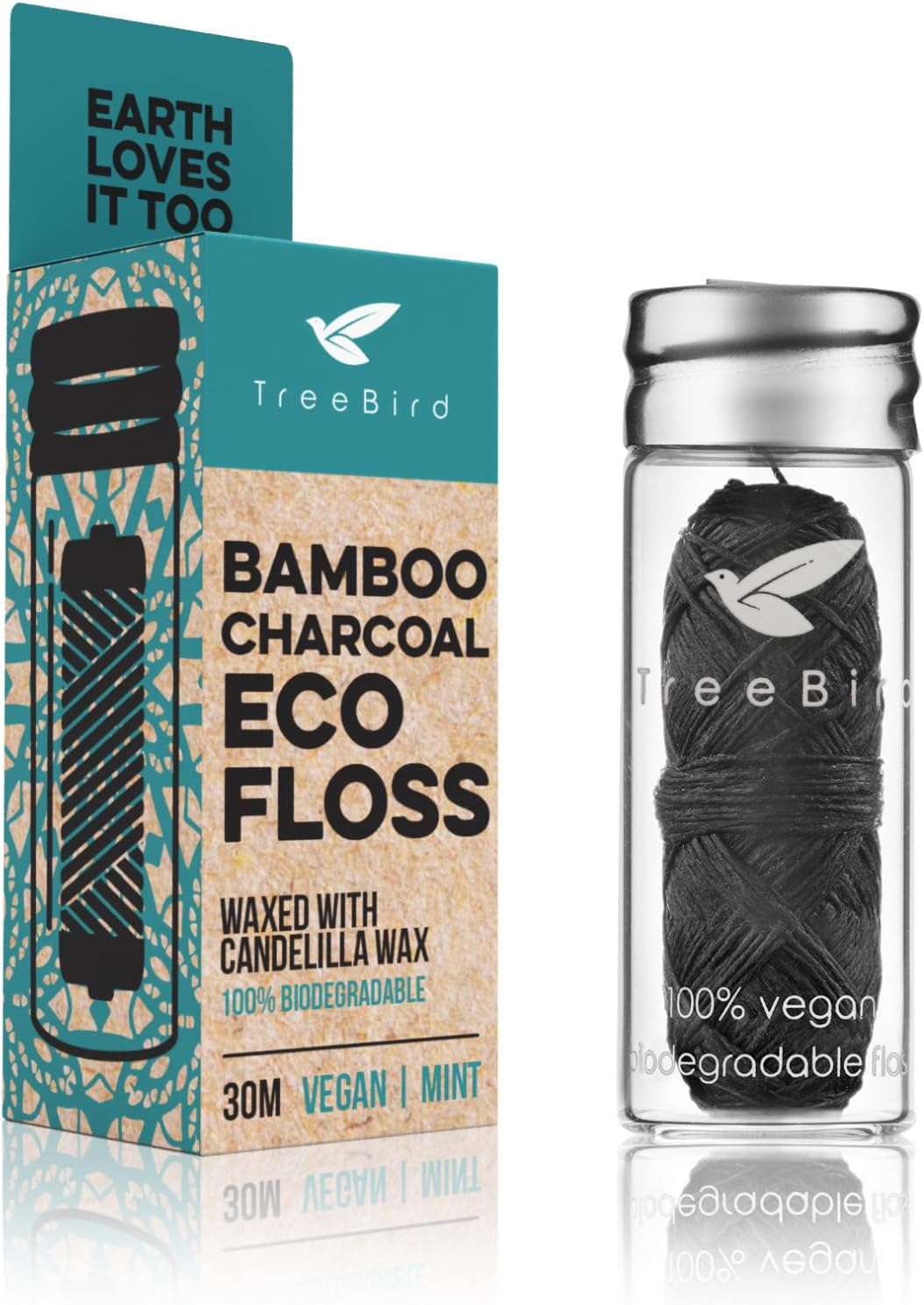 TreeBird Bamboo Charcoal Floss โ Refillable Glass Dispenser | Mint-Flavored, Waxed Thread, 33 yd Spool | Reusable Floss Holder | Kraft Paper Box