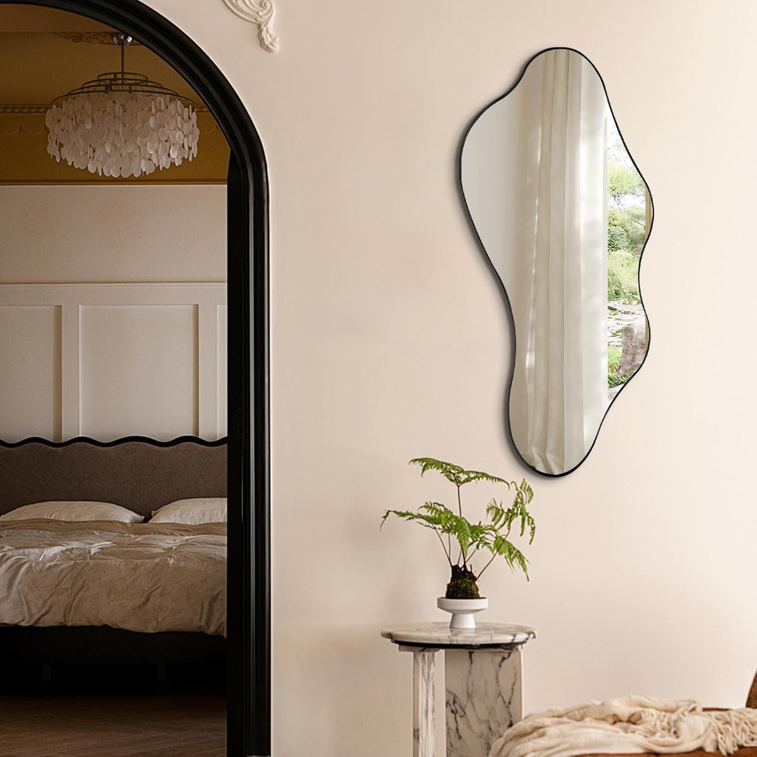 Irregular Wall Mirror, 40"x18" Asymmetrical Bathroom Mirrors with Metal Frame, Odd Shaped Mirror Decorative, Modern Abstract Mirrors for Living Room Bedroom Hallway Entryway Fireplace Black 40"L x 18"W