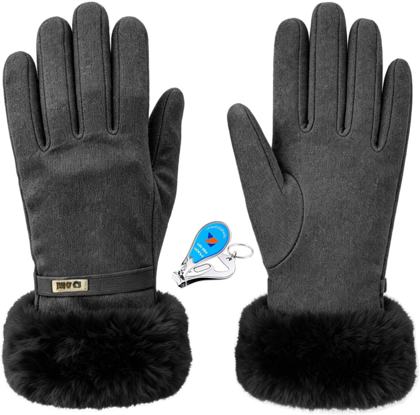 KXF Women Winter Touch Screen Gloves Soft Elastic Thermal Warm Fleece Lined Windproof Gloves with Faux Fur Cuff Ladies Handwarmers Mittens for Driving Walking Shopping, Keychain Nail Clipper Included