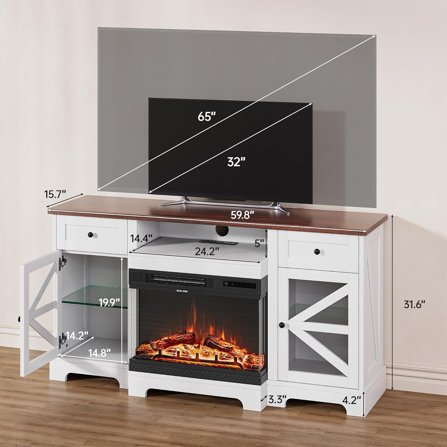 Fireplace TV Stand with Led and Power Outlets, 3 Sided Glass Media Entertainment Center with 24" Electric Fireplace for TVs up to 65", TV Console with Storage Drawers & Cabinets for Living Room