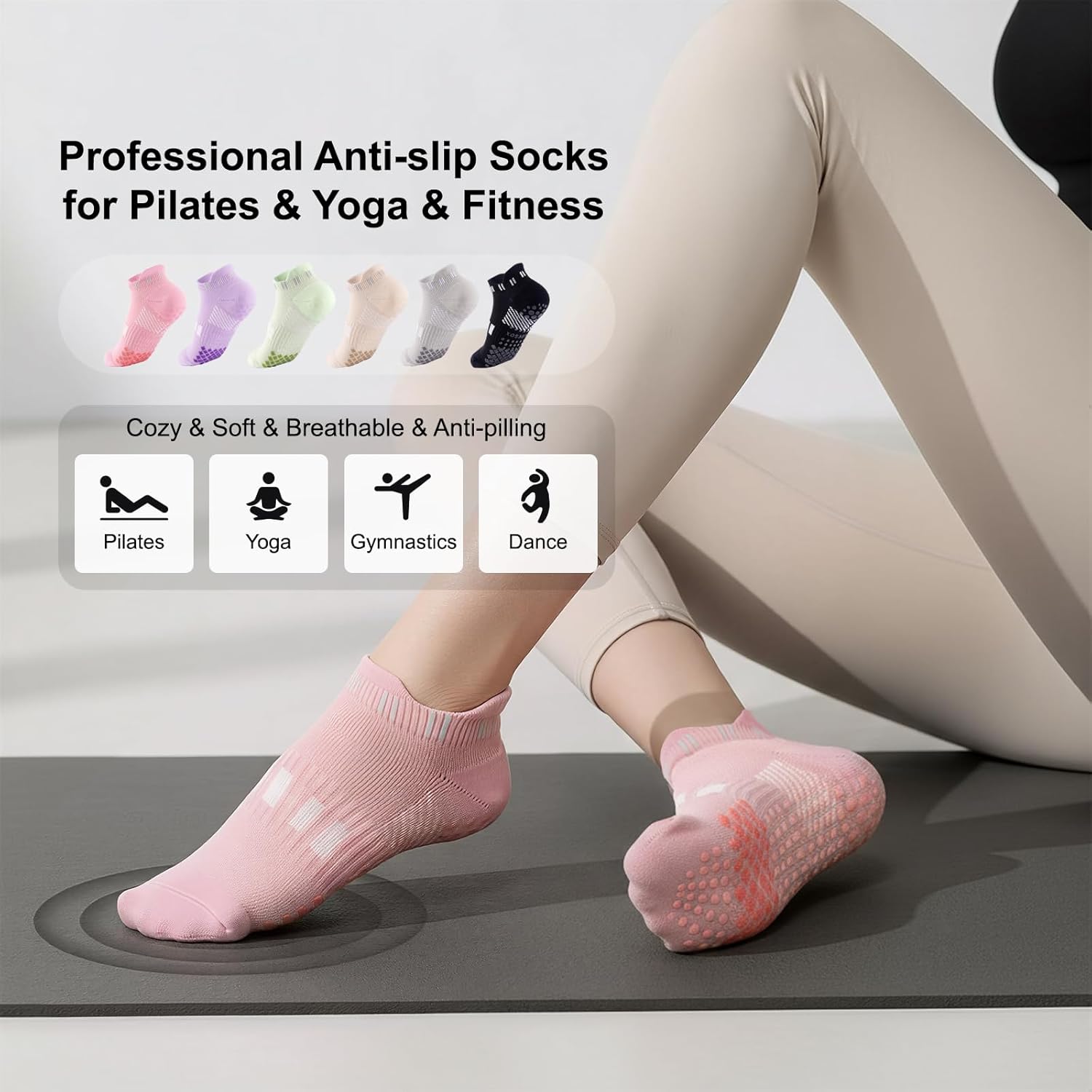 4 Pairs Non-Slip Pilates Socks for Women with grips,Grippy Ankle Socks for Yoga,Barre,Hospital,Gym,Dance - Image 3