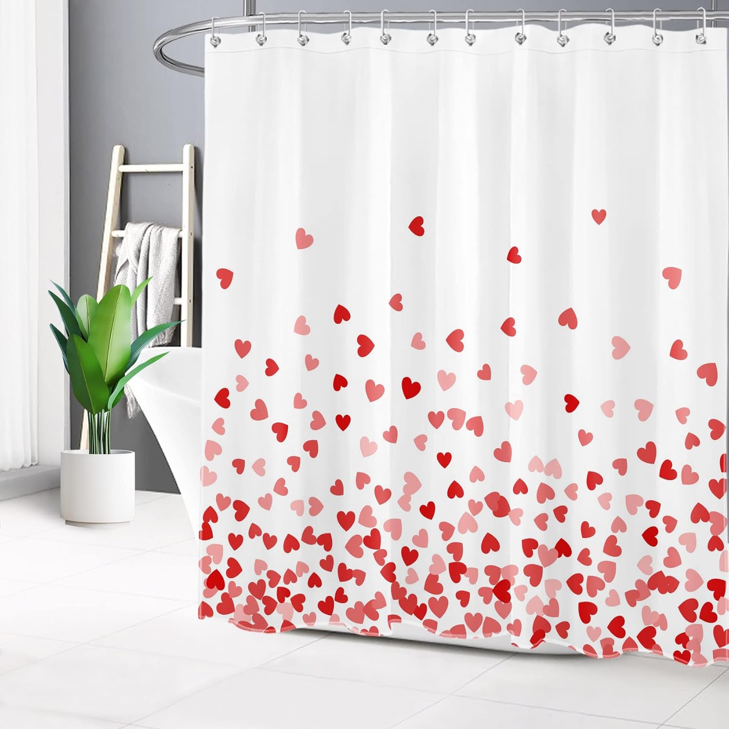 LB Pink Valentine's Day Shower Curtain Farmhouse Romantic Love Hearts on White Bathroom Curtain with Hooks 72x78 inch Waterproof Polyester Fabric Bathroom Decorations