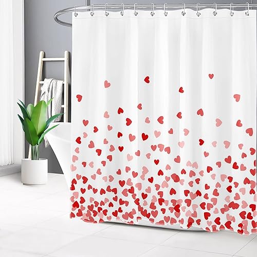 Vista 9 de Happy Valentine's Day Shower Curtain for Bathroom Red and Pink Love Heart on White Bathroom Shower Curtains with Hooks, Romantic Love Theme Bathroom