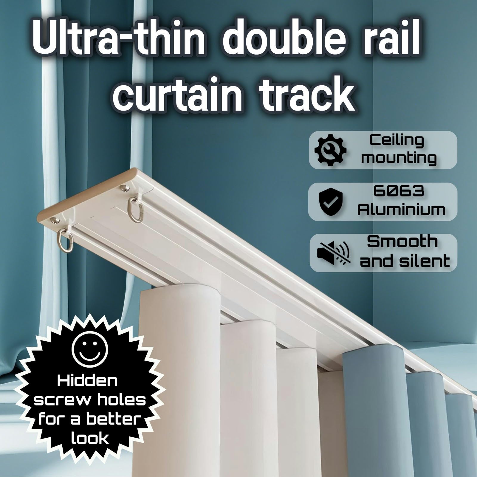 Binario per Tenda A Doppia Fila Silenzioso, Ultra-Sottile Binario Tenda Soffitto Alluminio Scorrevole Bastone Tenda Spessore 6mm con Carrucola E Gancio(Champagne,220cm(86.4in))