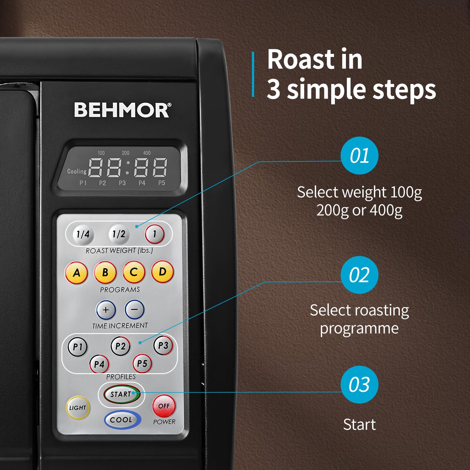 Kaffeeröster Behmor 2020SR Plus, 100–454 g Kapazität, patentierte Rauchunterdrückung, 5 Röstprogramme, manueller Modus, Quarz-Heizelemente, elektrischer Heimröster für Innenräume