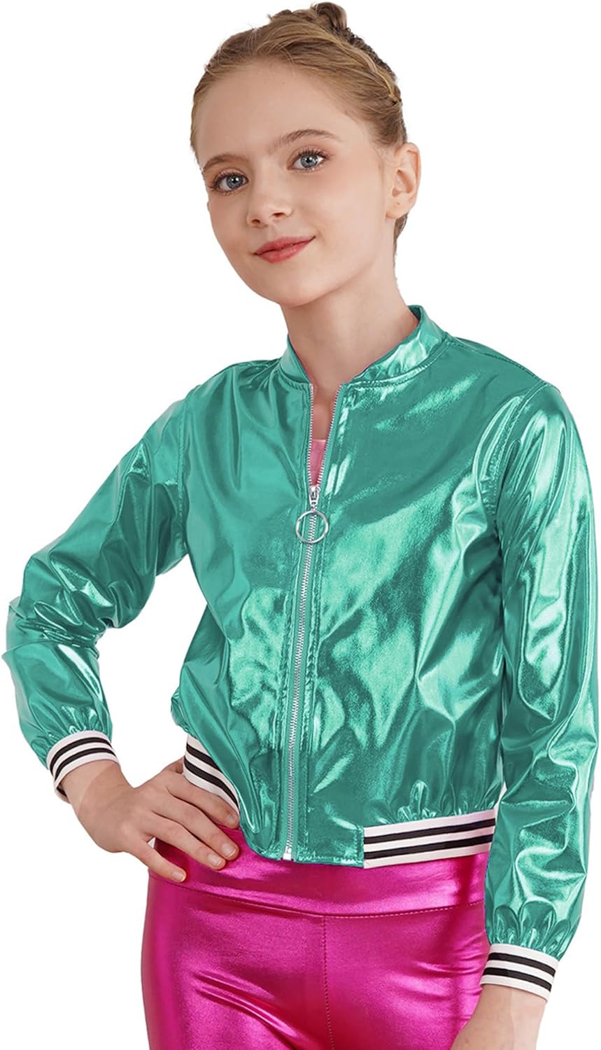 MSemis Kids Girls Sparkly Metallic Bomber Jacket Lightweight Long Sleeve Top Outerwear Jazz Hip Hop Dance Costume