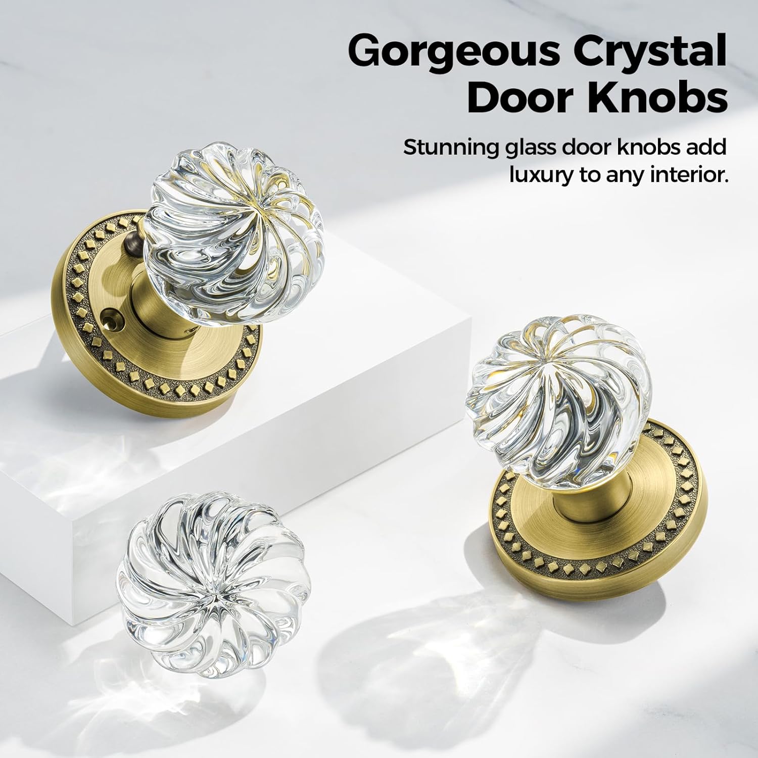 Glass Door Knobs with Lock, Antique Brass Crystal Door Knobs Interior for Privacy Use, Round Vintage Crystal Doorknob for Bathroom & Bedroom, 1 Pack