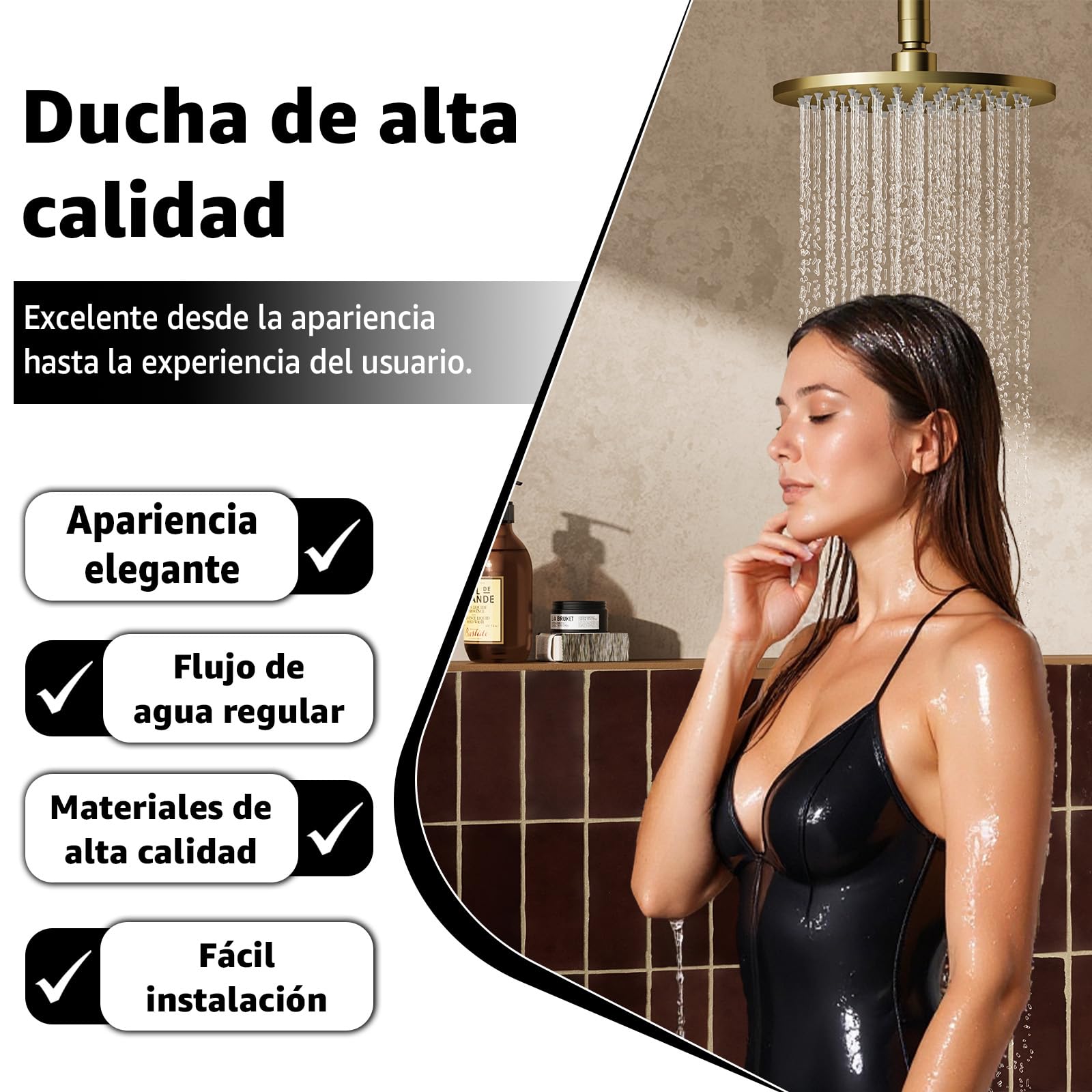 Rociador Para Ducha,Cabezal De Ducha Lluvia, Alcachofa De Ducha De Acero Inoxidable,Rociador De Ducha Antical,Efecto Lluvia,giratorio 360°,8 Pulgadas, G1/2 (Dorado, Redondo)