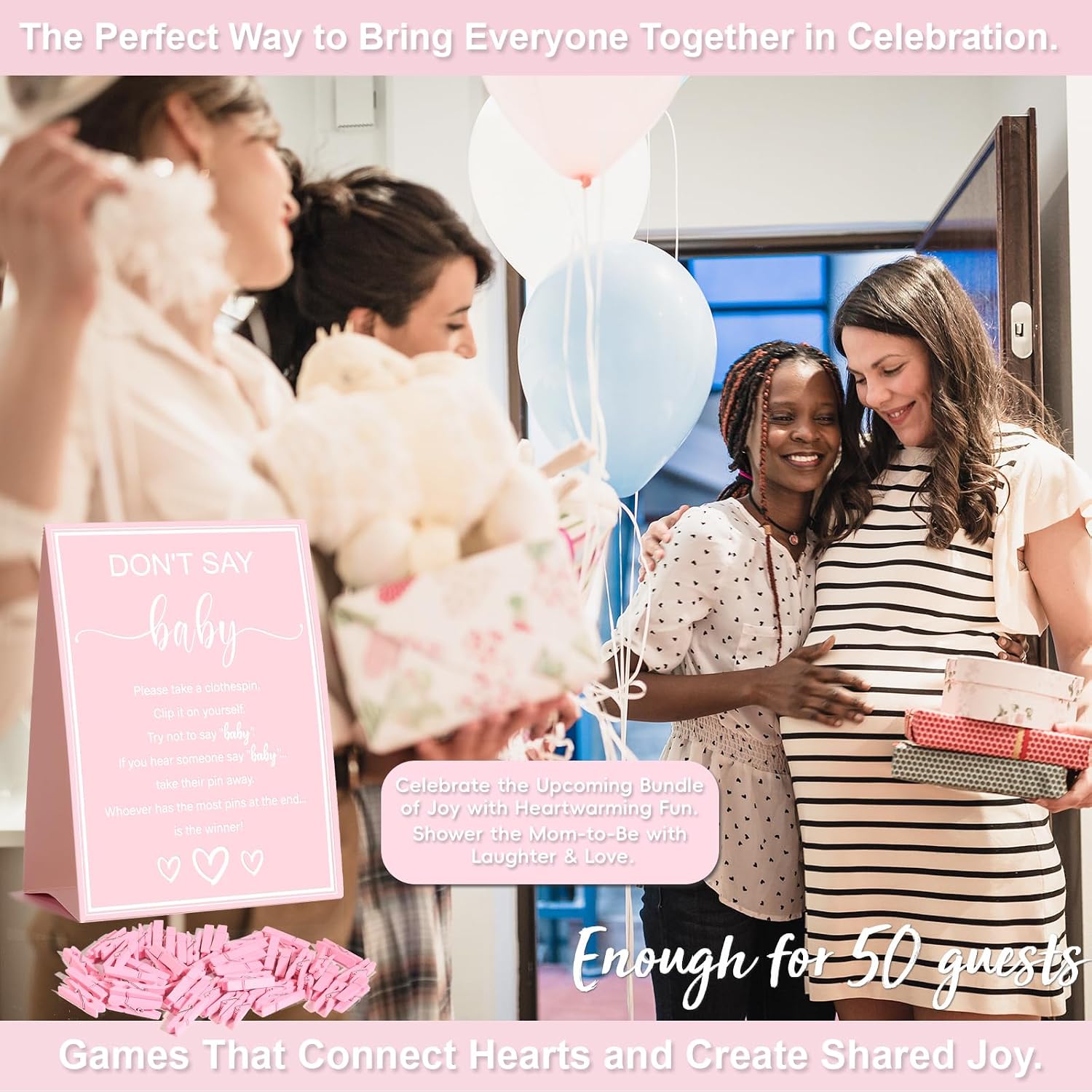 Baby Shower Games for Girl, Don't Say Baby Game,1 Sign and 52 Mini Pink Clothes pins, Baby Shower Clothespin Game (Don't Say Baby Pink)
