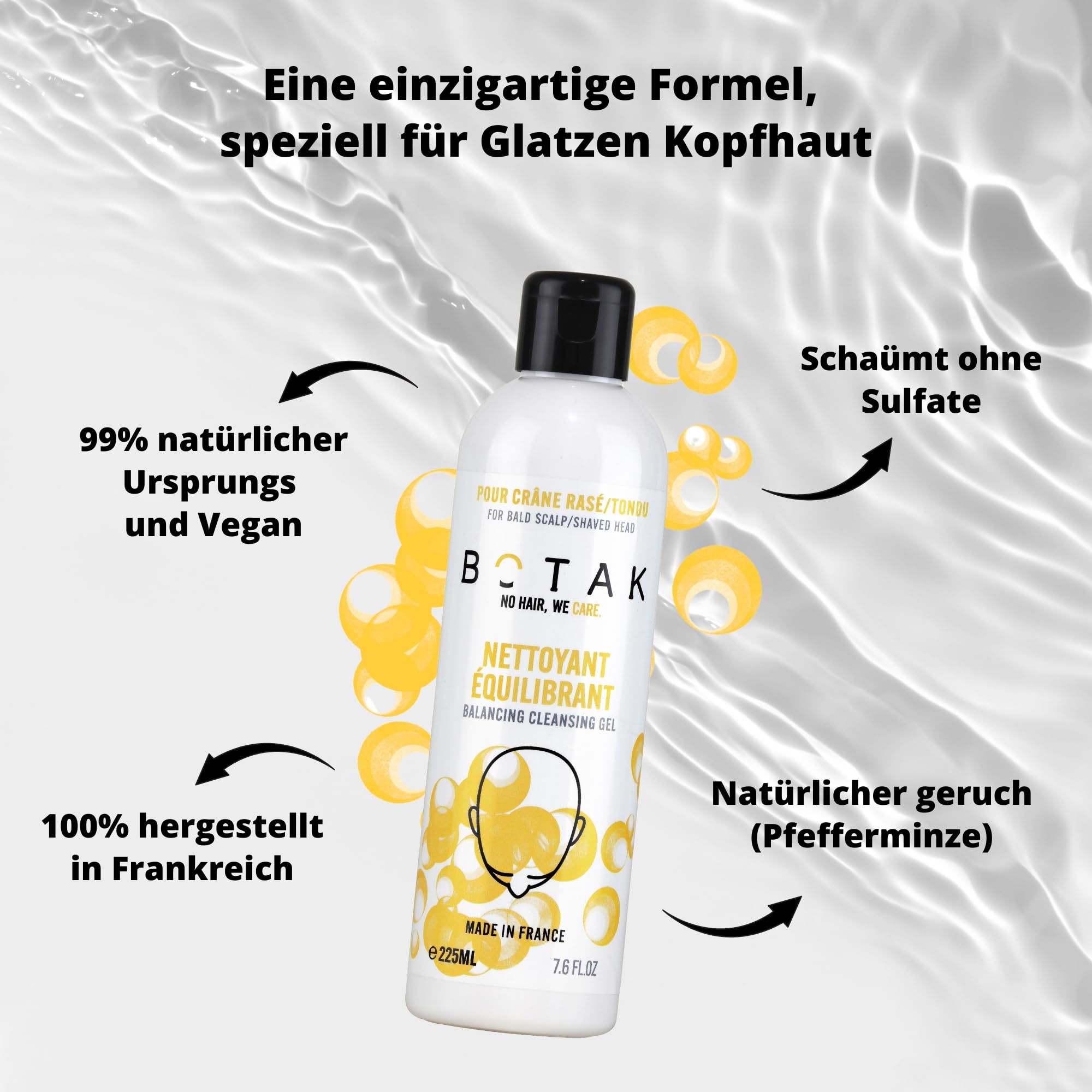 BOTAK Limpiador equilibrador para cráneos afeitados/esquilados | 99% de origen natural, vegano, francés | calmante | anticaspa, picor y espinillas | regula el pH y la