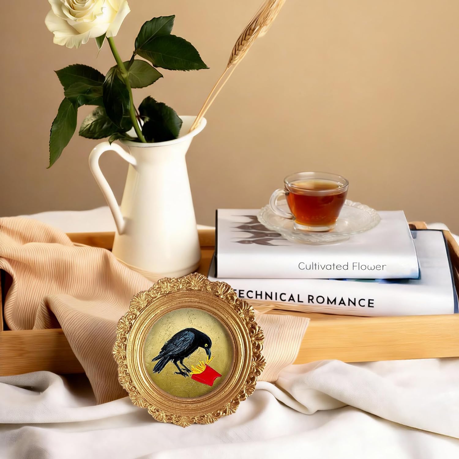 Funny Crow Bird Fast Food Small Round Picture Frame 4in,French Fries Mini Gold Photo Frame for TableTop Wall Art Decor,Whimsical Quirky Ornate Art Prints Gifts for Bedroom Office 2.64in Photo image 5