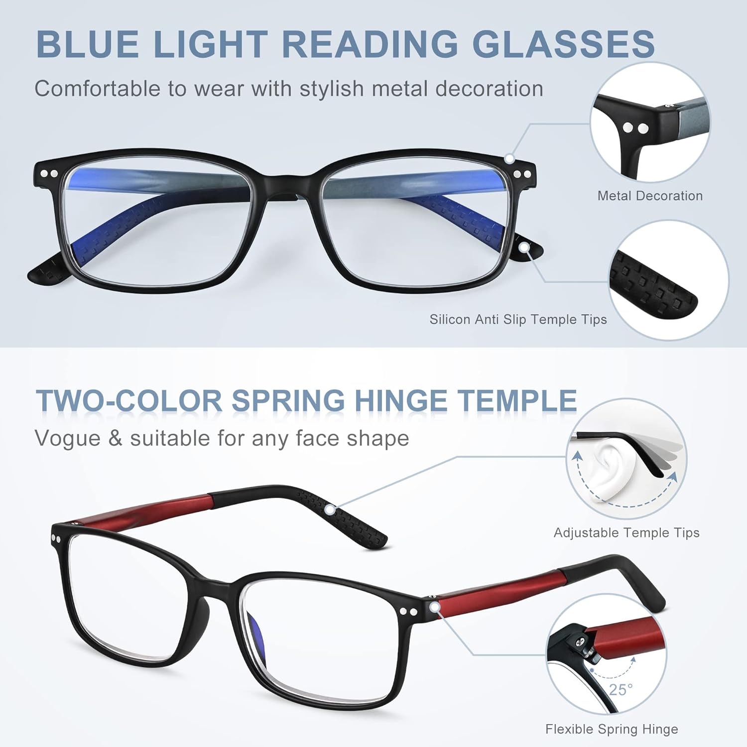 EASY READ 2 Pairs Sporty Style Reading Glasses for Men,Rectangular TR90 Blue Light Blocking Readers with Spring Hinge - Image 3