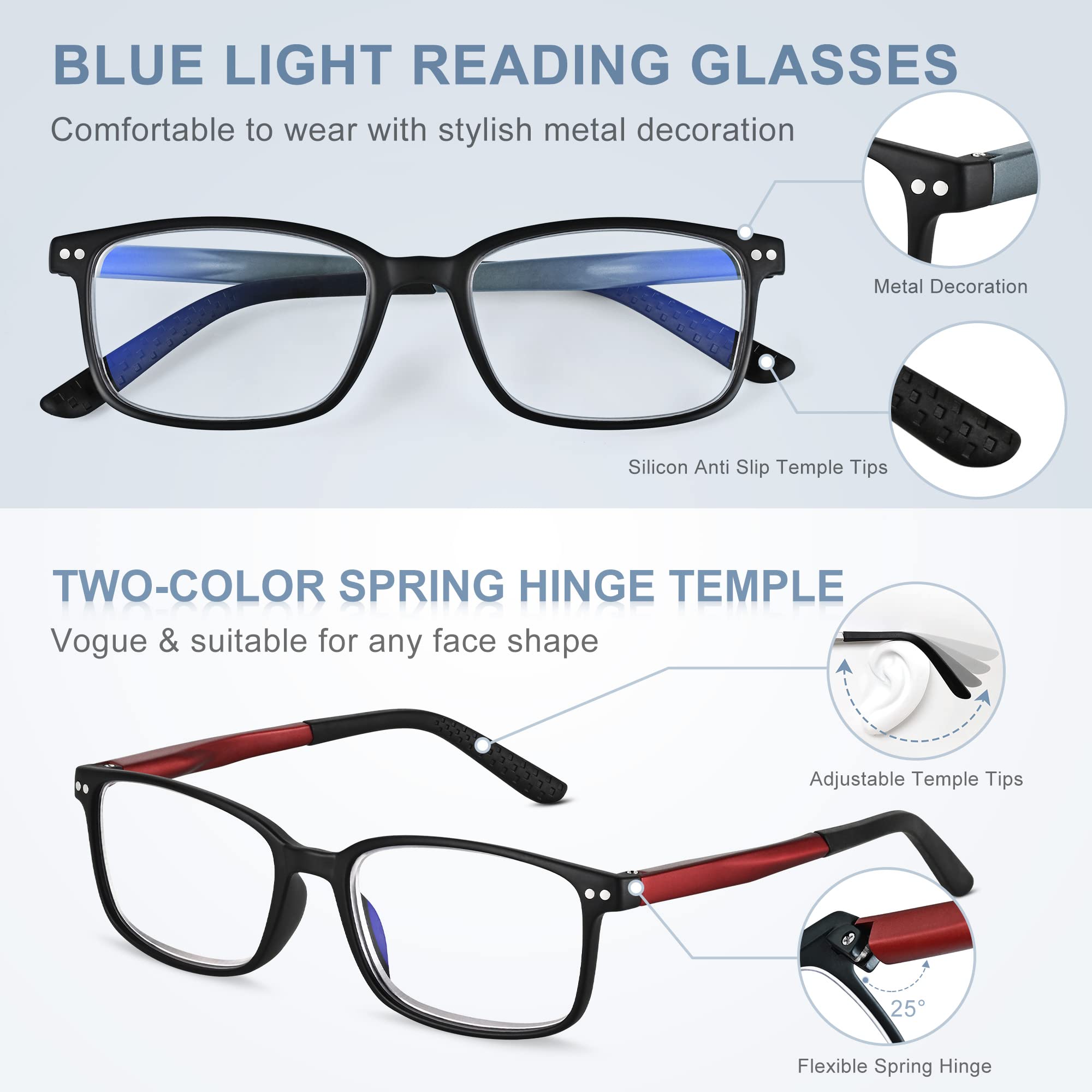 EASY READ 2 paia di occhiali da lettura da uomo rettangolari con blocco luce blu con cerniera a molla, nero/rosso, nero/rosso, medio, nero, Medium