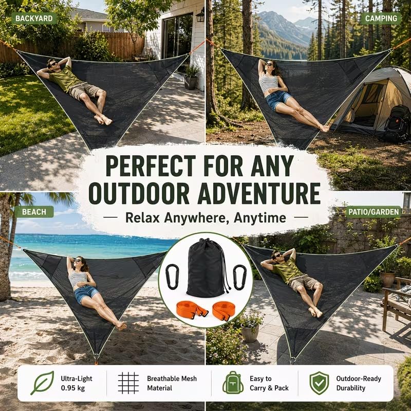 XIYU Dreieck Hängematte,Camping Hängematte für 2-3 Personen, Tragbare Outdoor Hängematte für Erwachsene mit 3 Gurten und Mesh-Taschen,Belastbar bis 400 lbs,für Garten,Camping,Reisen, 2,8 x 2,8 x 2,8 m