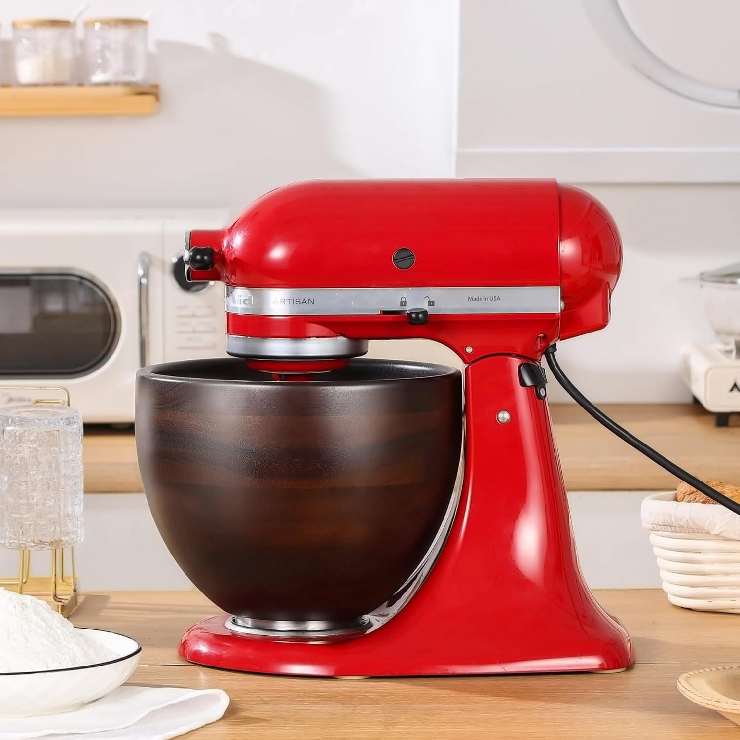 ULTICOR Premium Walnut Wood Mixing Bowl Compatible with KitchenAid 4.5 & 5 QT Tilt-Head Models – Natural True Walnut Wooden Bowl with Stainless Steel Locking Base | 5QT