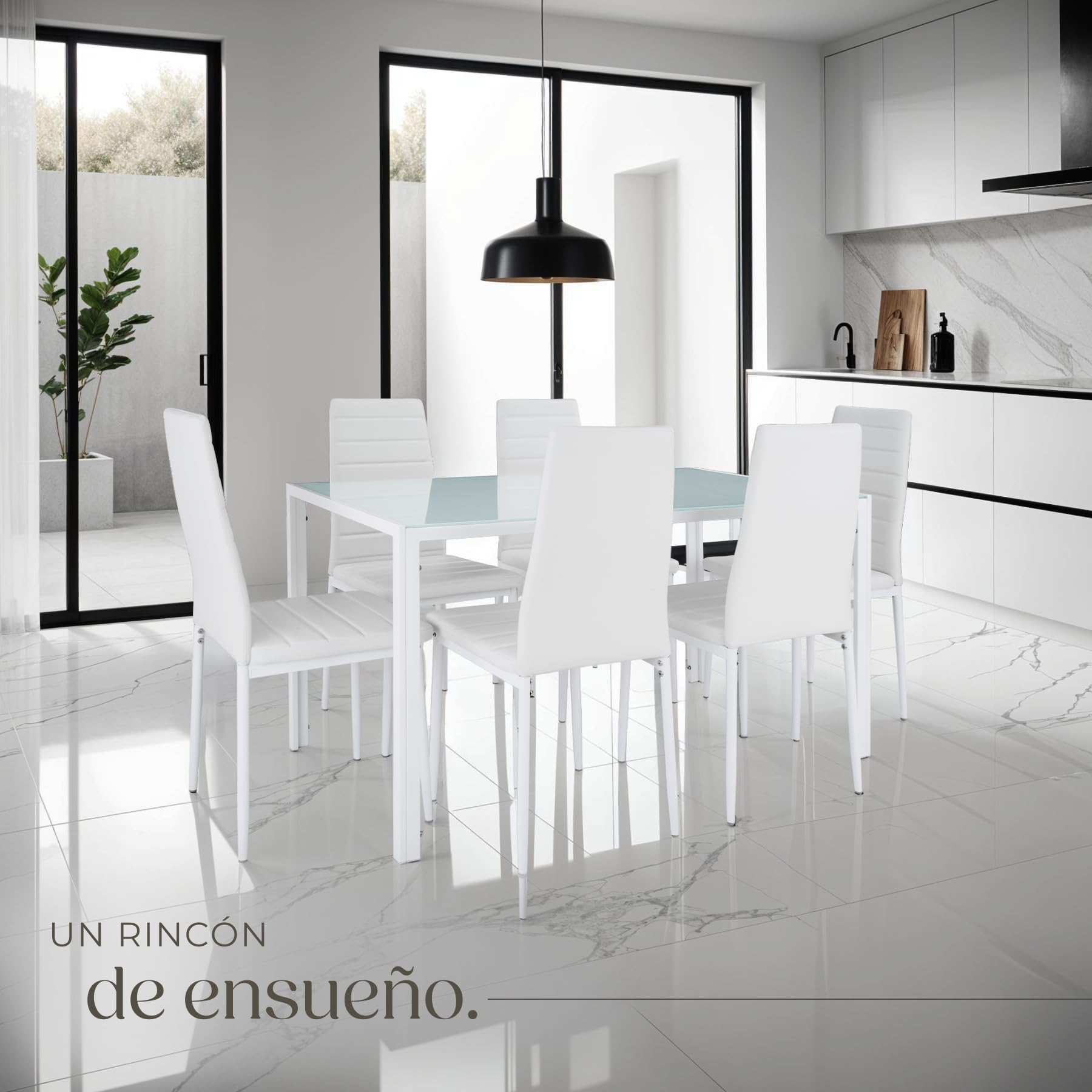 tectake® Conjunto de Mesa y 6 Sillas de Comedor, Atractivo Diseño, Alto Confort, Tablero de Vidrio, Sillas Comedor Modernas, Sillas de Cocina, Muebles Salon Modernos - Blanco/Blanco
