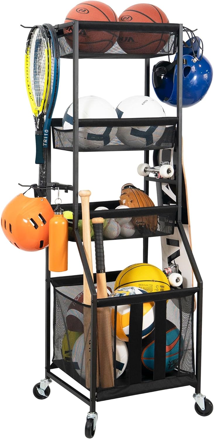 STORAGE MANIAC Ball Storage Bin Rolling Sports Ball Cart, Metal Garage Organizer Sport Rack Basketball Storage Cage for Garage or Gym, Indoor & Outdoor Sports Equipment Organizer Ball Cart with Shelves Black