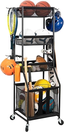 STORAGE MANIAC Ball Storage Bin Rolling Sports Ball Cart, Metal Garage Organizer Sport Rack Basketball Storage Cage for Garage or Gym, Indoor &