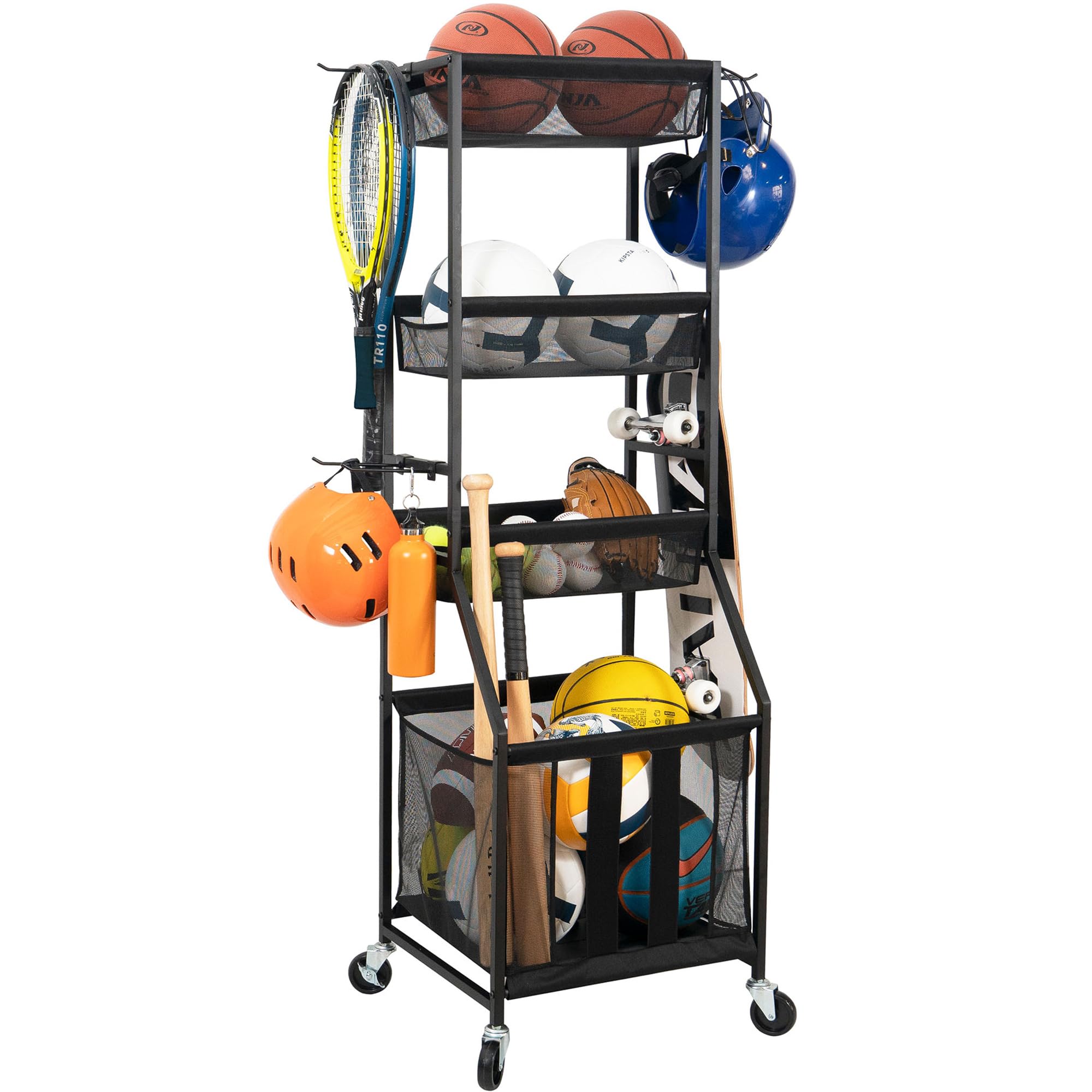 STORAGE MANIAC Ball Storage Bin Rolling Sports Ball Cart, Metal Garage Organizer Sport Rack Basketball Storage Cage for Garage or Gym, Indoor &