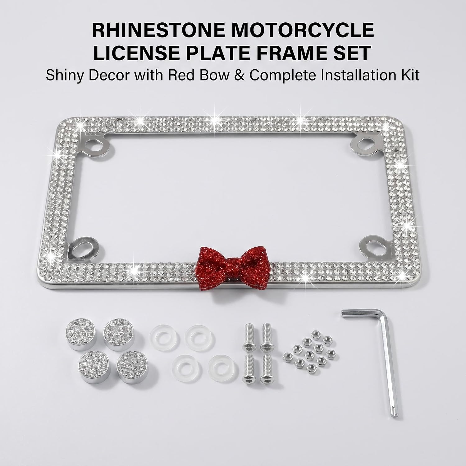 Fashion Bling Crystal Motorcycle License Plate Frame with Bow Tie,Rhinestone License Plate Holder,Includes Mounting Hardware and Caps(Silver Frame Red Bow)