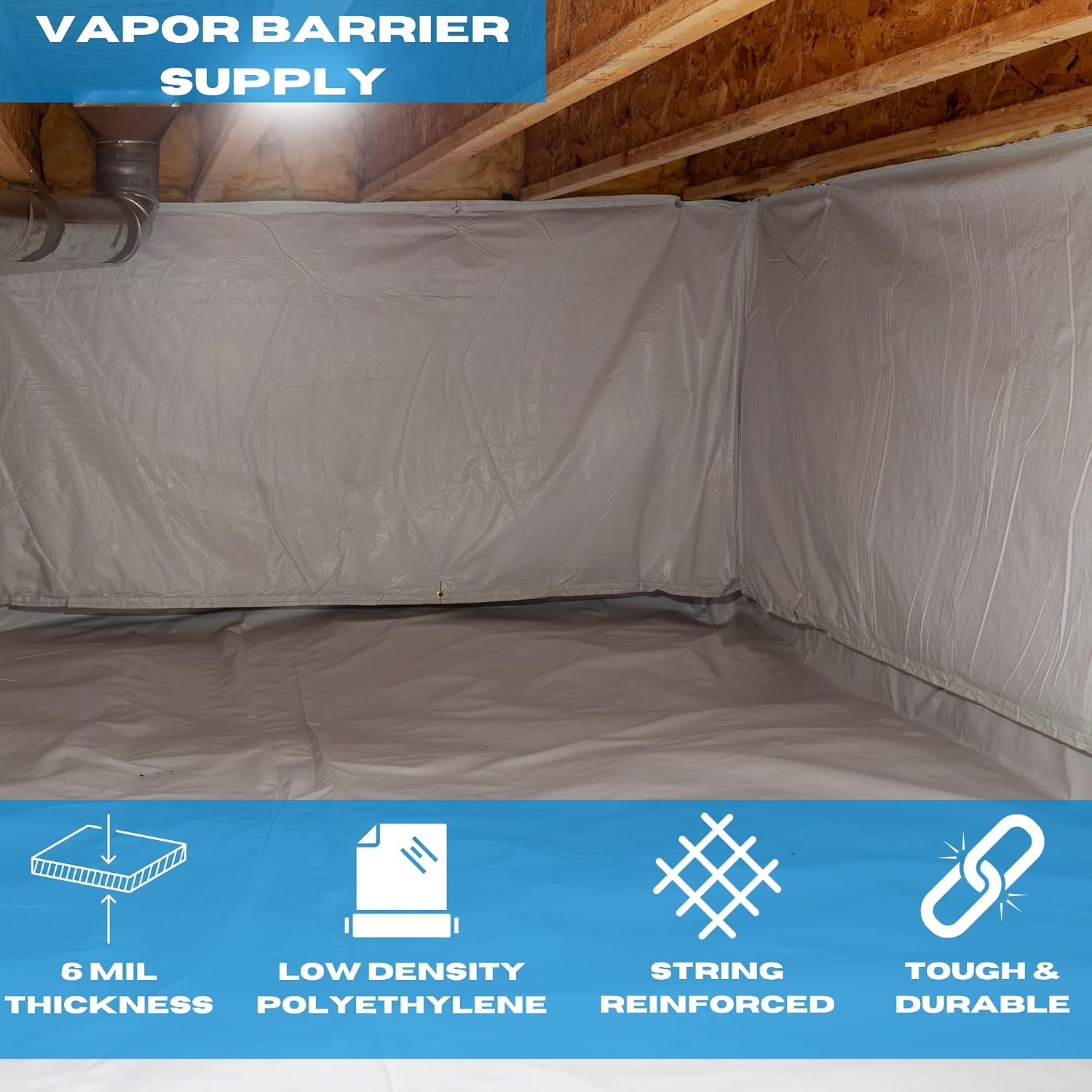 VBS – String Reinforced White Plastic Sheeting - 6 mil - (10' x 25') – White Plastic Roll for Spray Barrier, Roll of Plastic Sheeting Heavy Duty, Thick Plastic Sheeting, Polyethylene Film