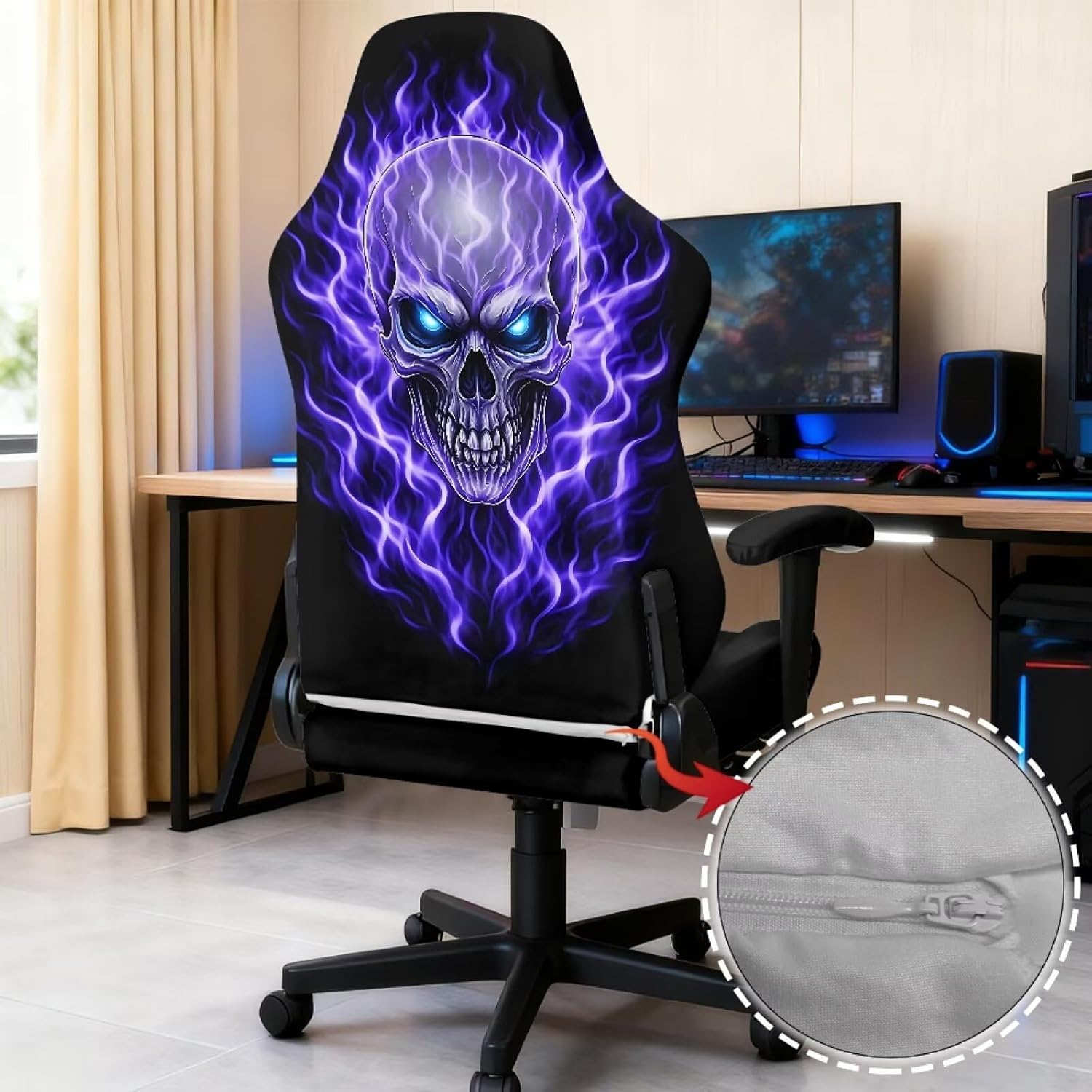 Flame Skull Print Computer Chair Slipcover Stretchable Dustproof Cover for Gaming Chair with Armrest Cover Machine Washable Furniture Protector