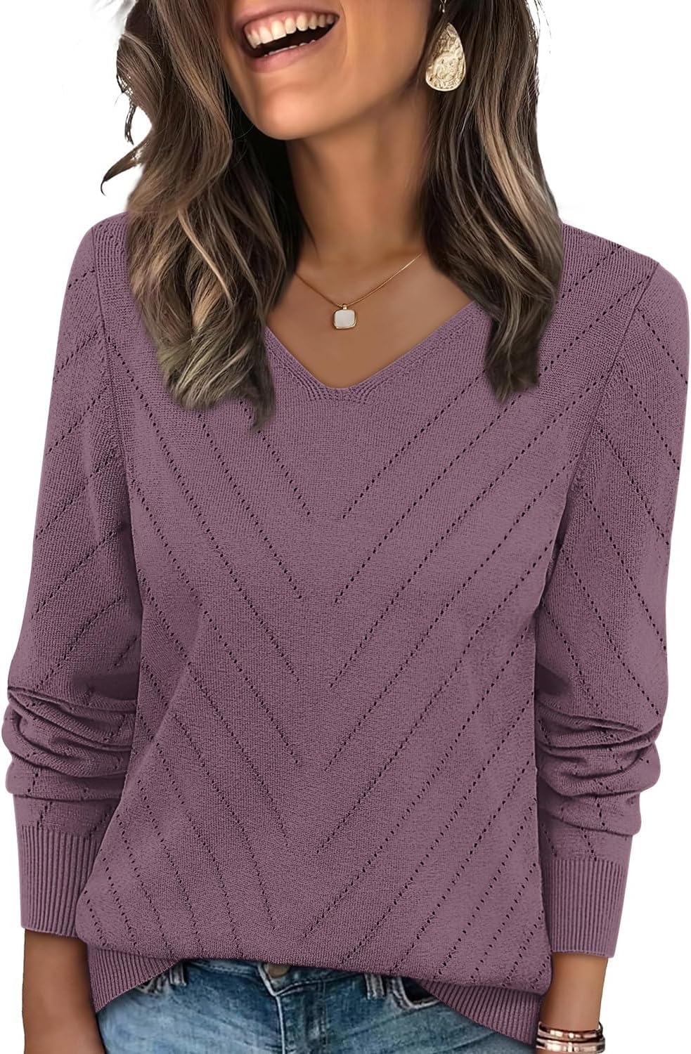 WIHOLL Sweaters for Women V Neck Casual Knit Long Sleeve Tops Lightweight Pullover Clothes Fall Fashion Outfits 2026